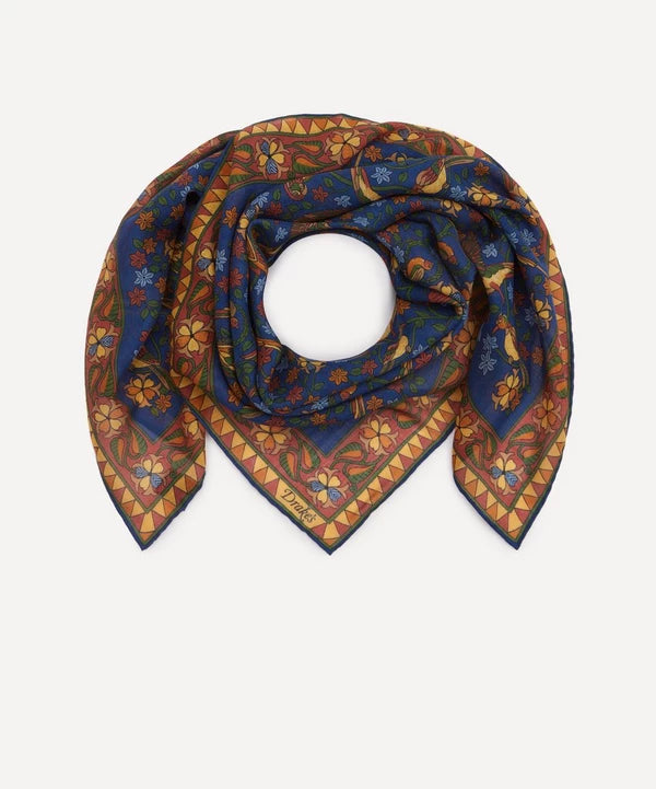 Drakes Parrot Print Wool-Silk Scarf 90*90cm