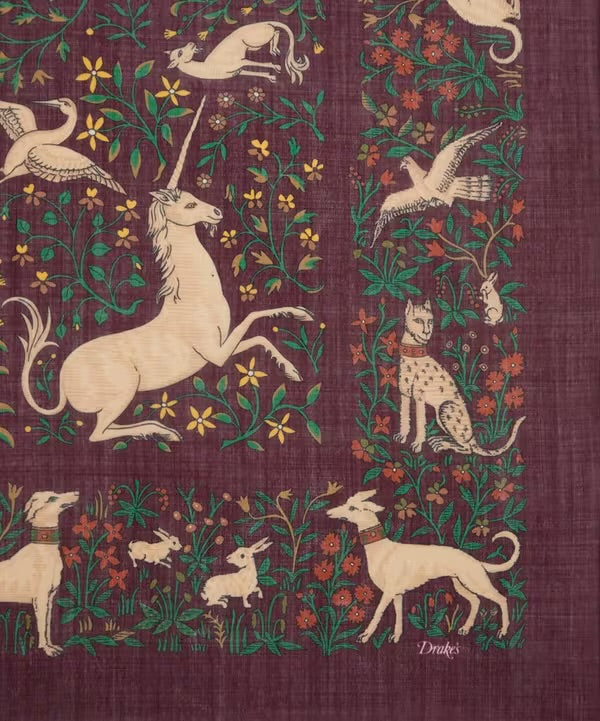 Drakes Bungundy Unicorn Print Wool-Silk Square Scarf 90*90cm