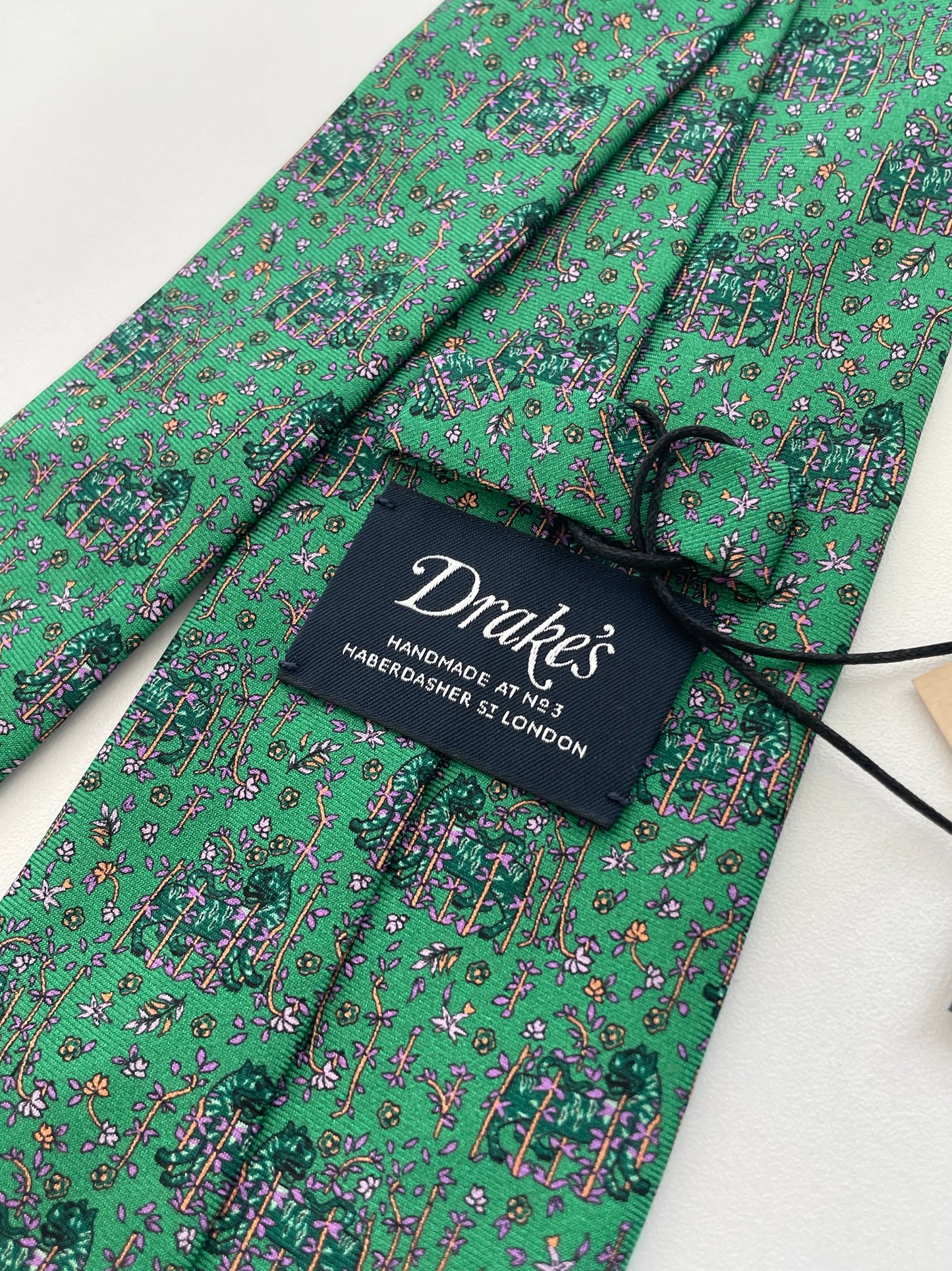 Drakes Tiger and Blooms Motif Handmade Tipped Silk Tie With Tag
