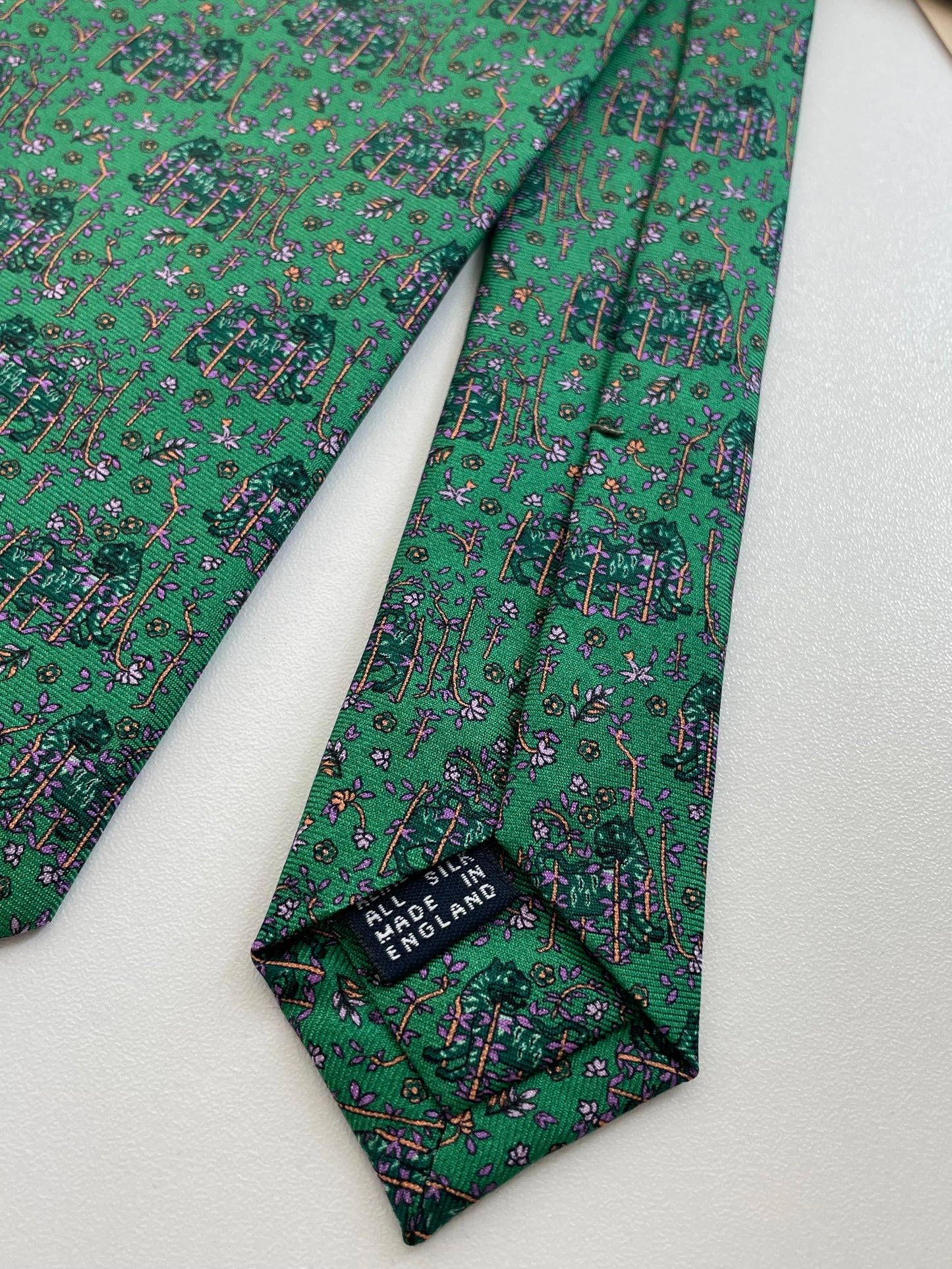 Drakes Tiger and Blooms Motif Handmade Tipped Silk Tie With Tag