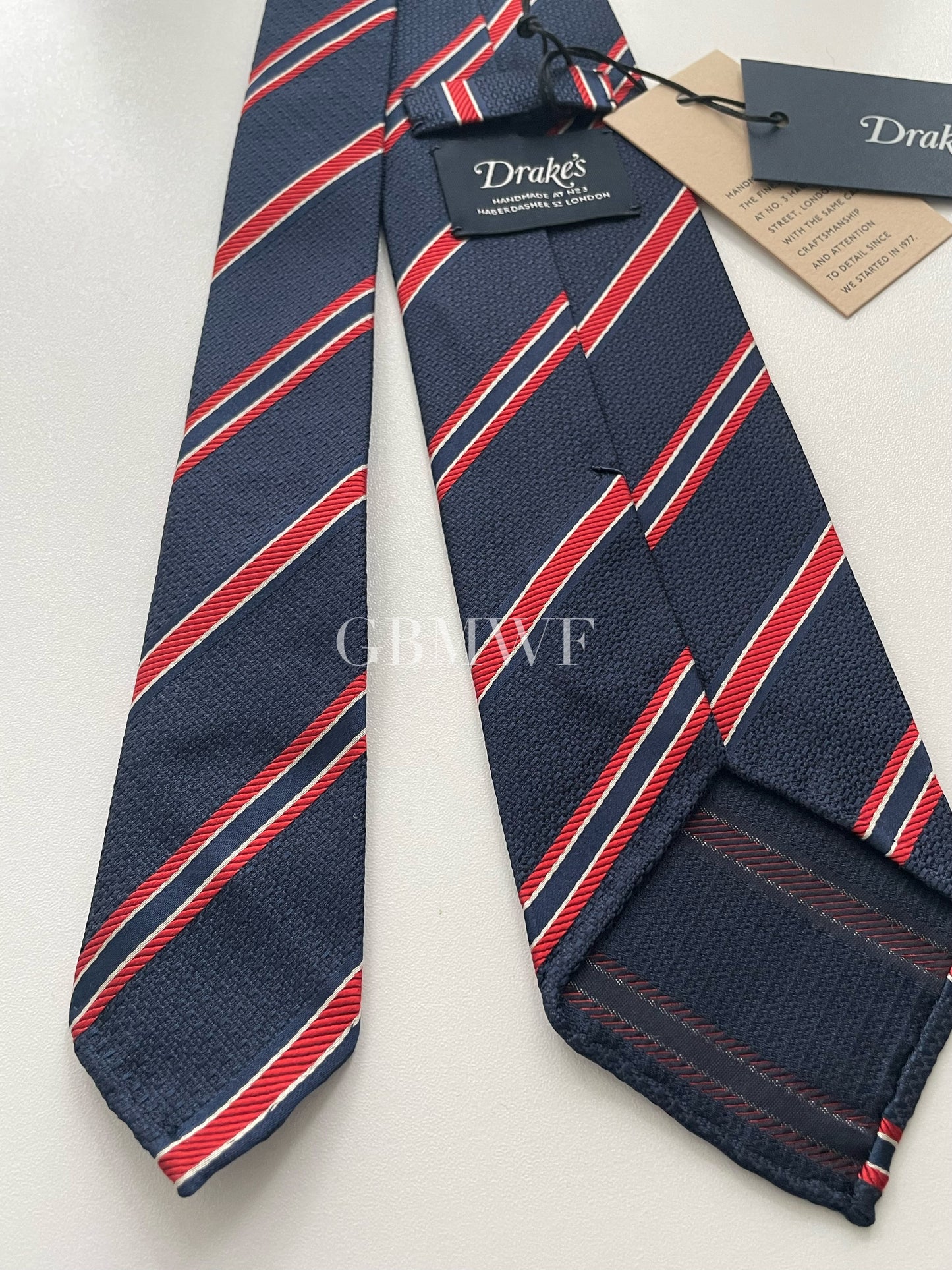 Drakes Handmade Striped Tipped Silk Tie With Tag