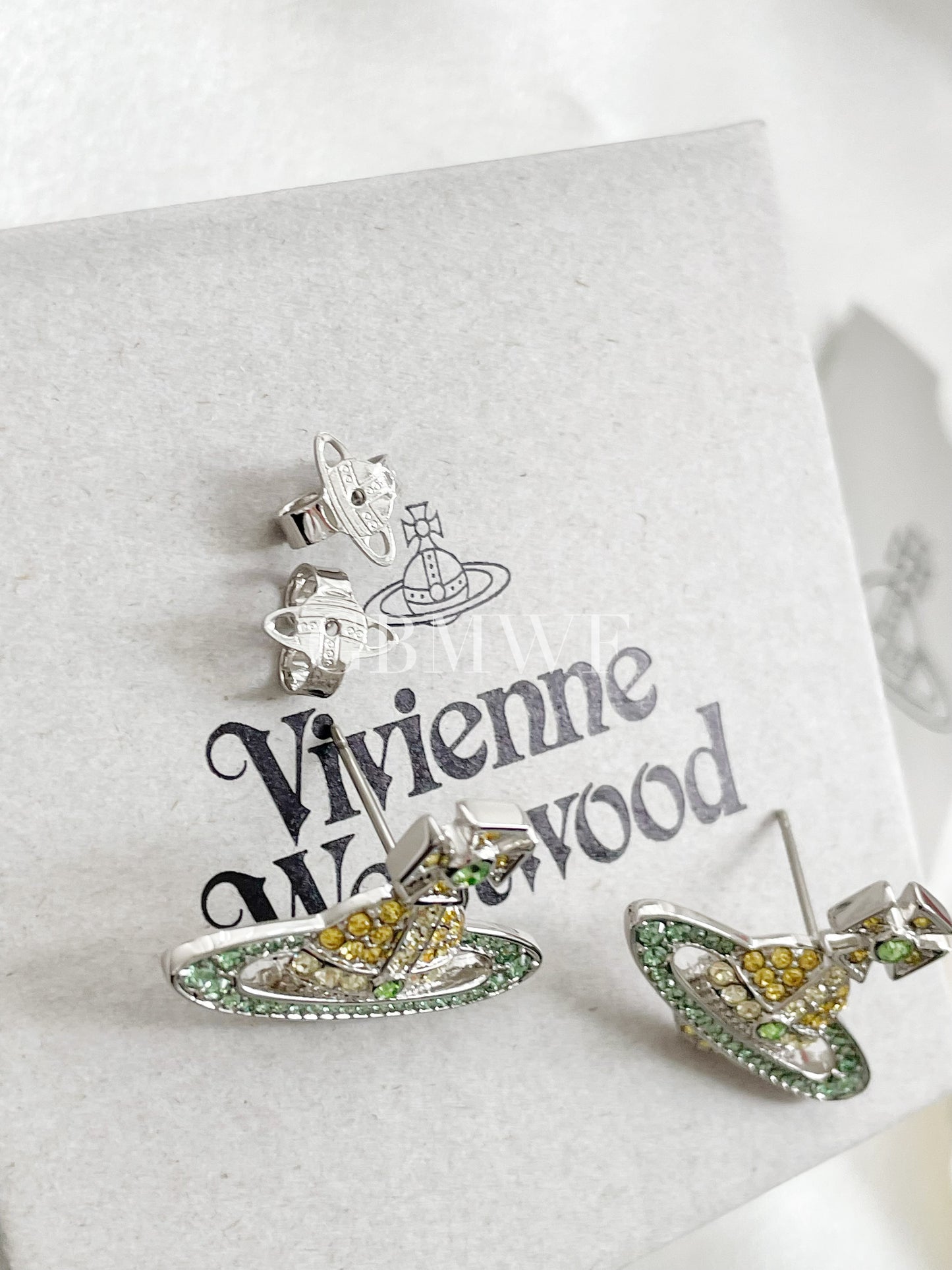 Vivienne Westwood Kika Silver Earrings Yellow/Green With Original Box