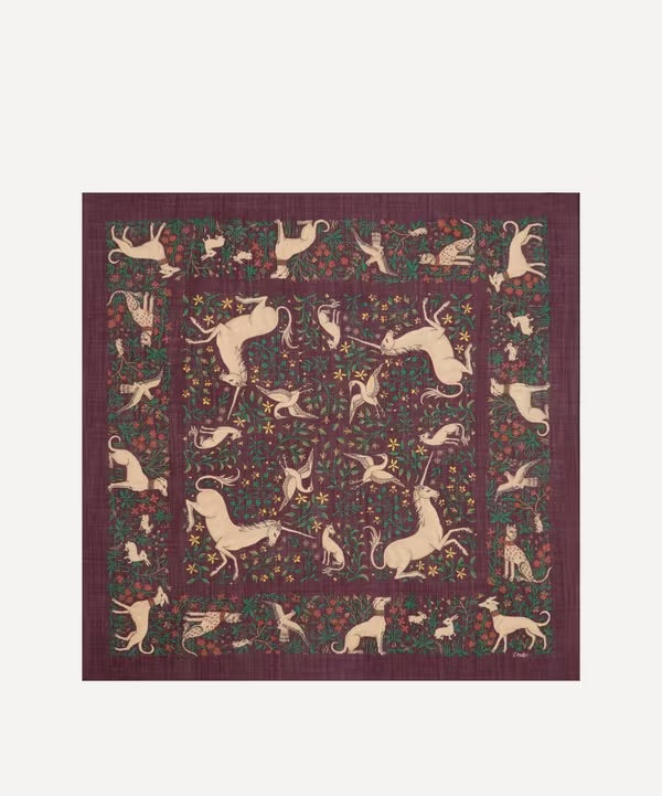 Drakes Bungundy Unicorn Print Wool-Silk Square Scarf 90*90cm