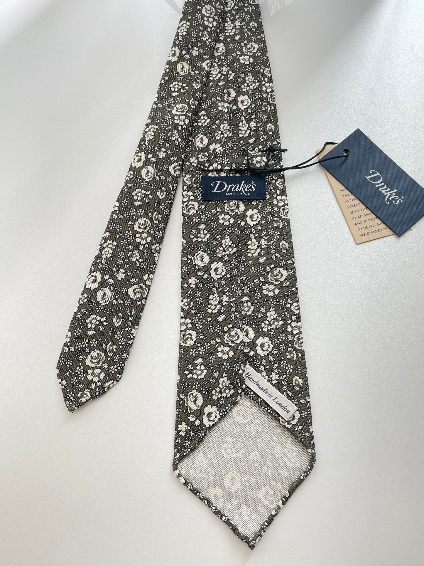 New Drakes Olive Green Floral Handmade Tie With Tag Limited Edition