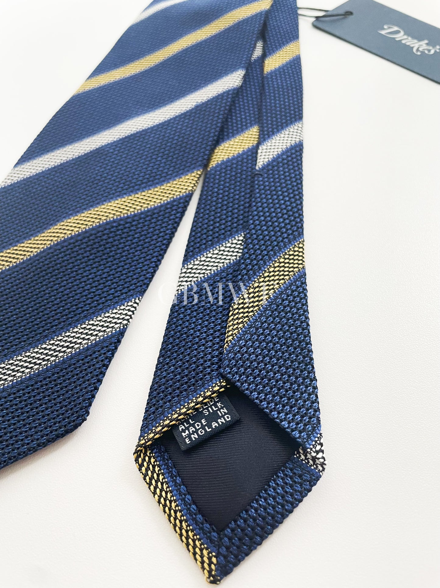 Drakes Handmade Striped Tipped Silk Tie With Tag