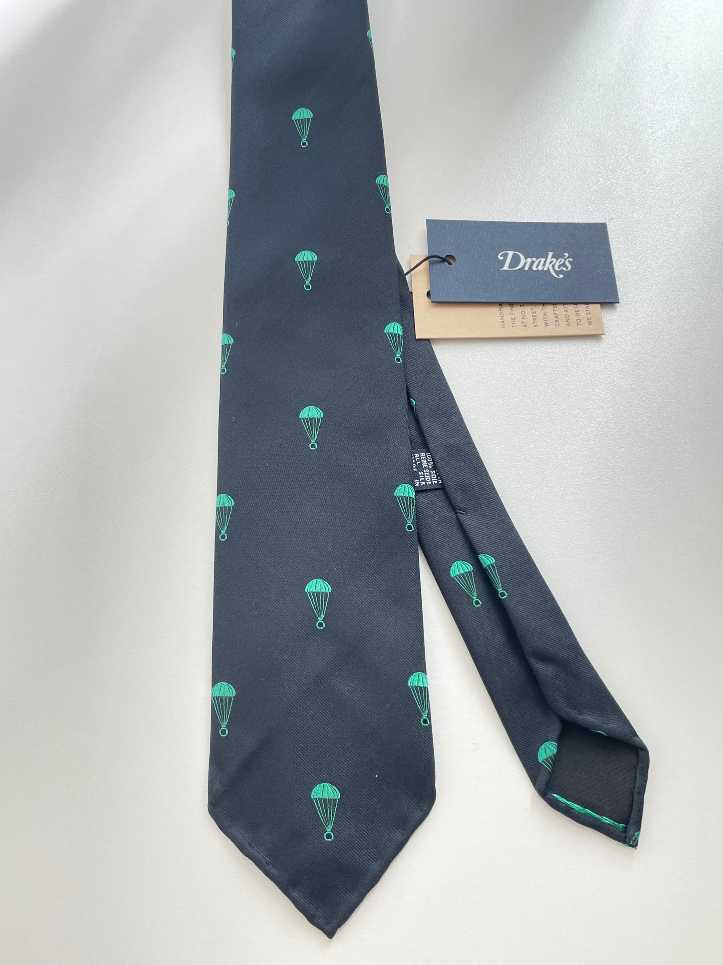 Drakes Parachute Motif Handmade Tipped Silk Tie With Tag Limited Edition