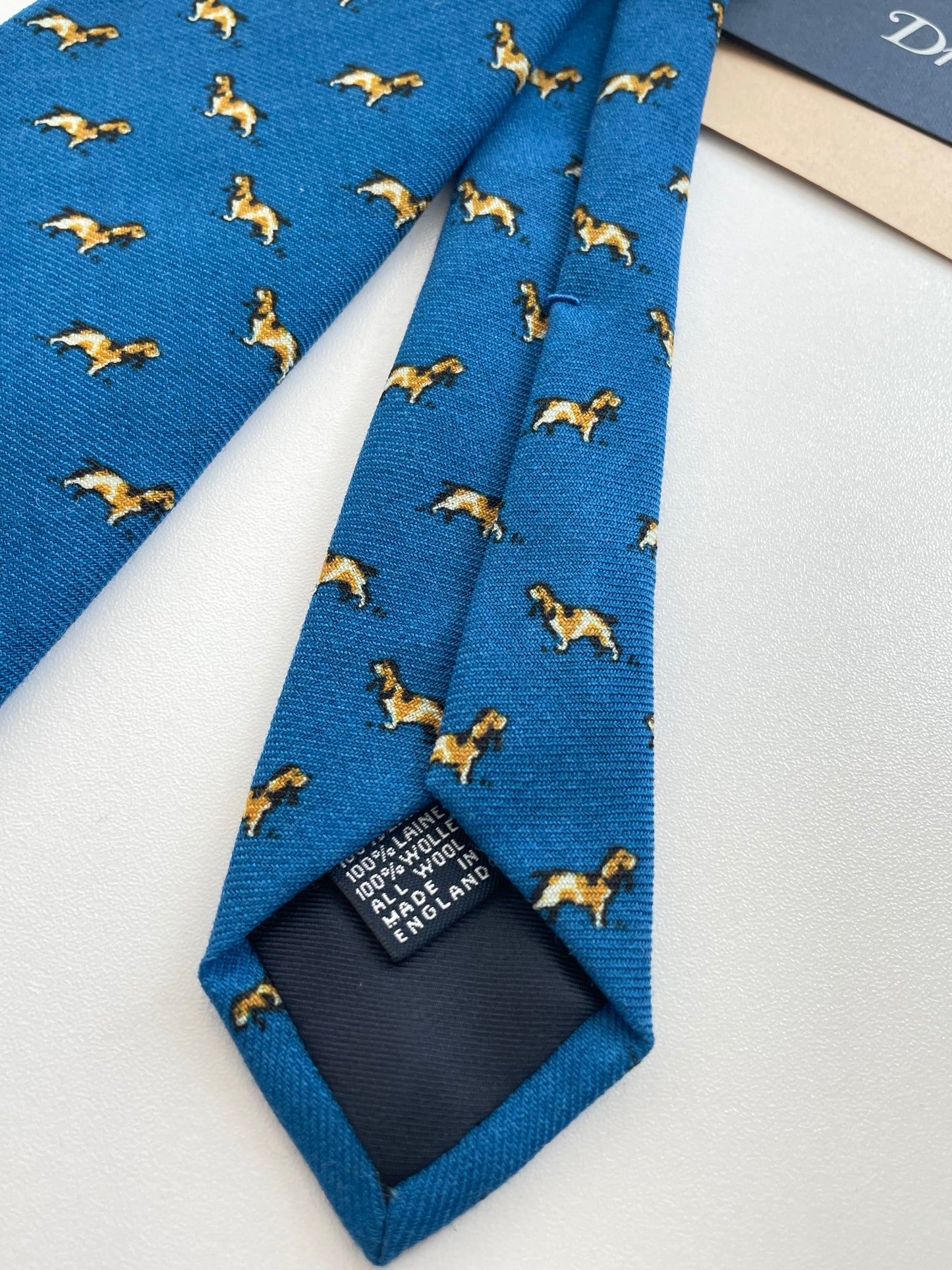 Drakes Hunting Dog Motif Handmade Tipped Wool Tie With Tag
