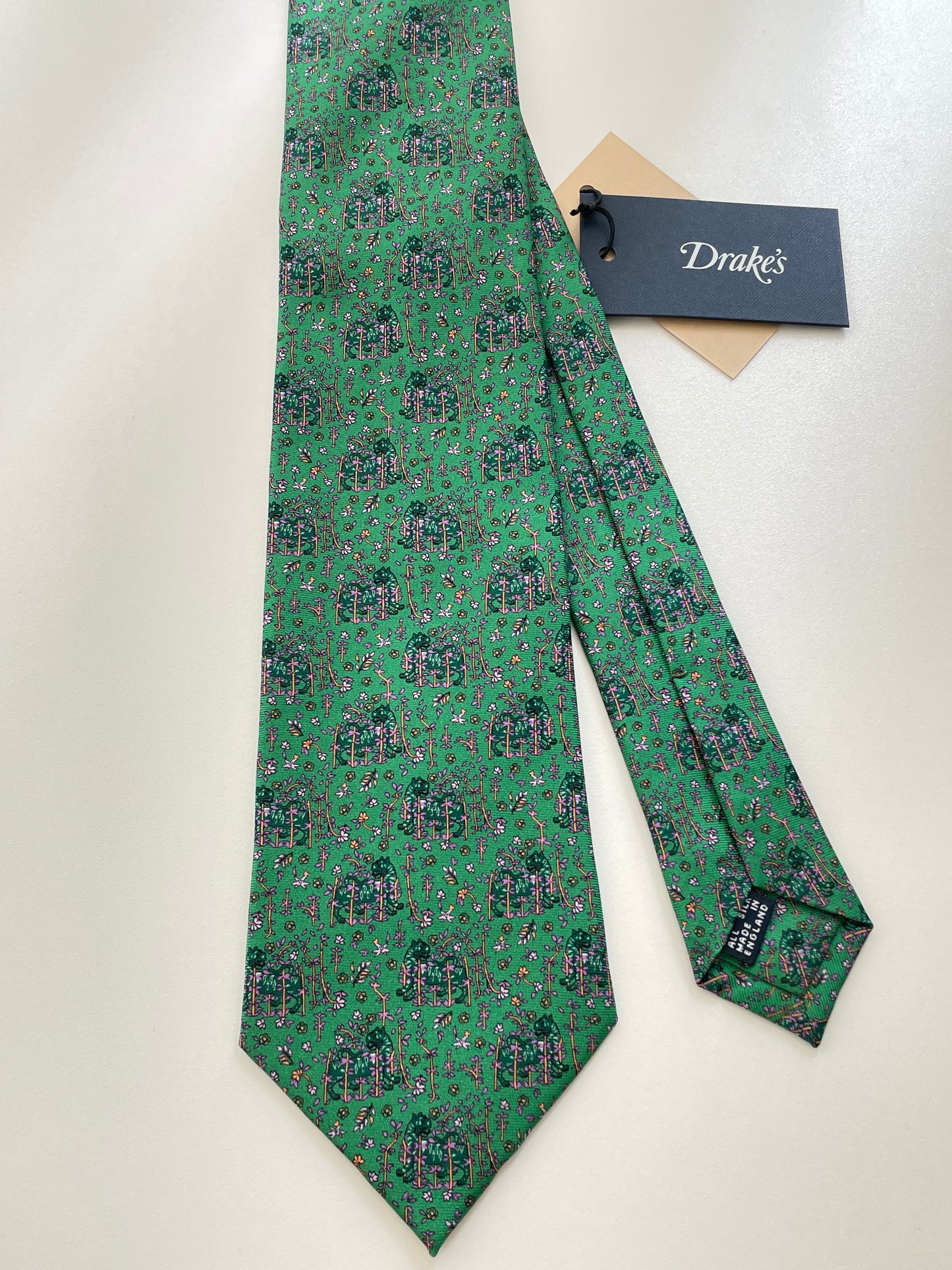 Drakes Tiger and Blooms Motif Handmade Tipped Silk Tie With Tag
