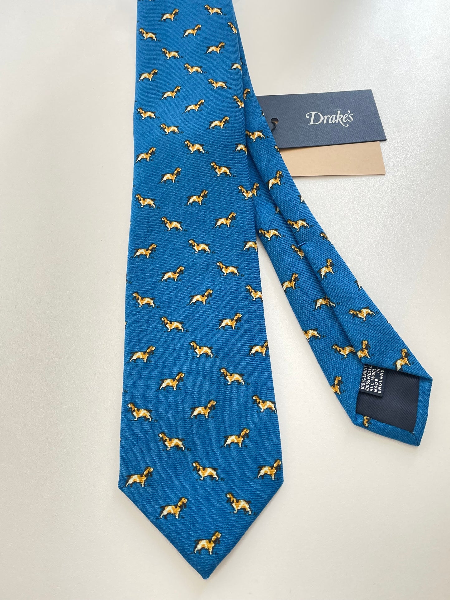 Drakes Hunting Dog Motif Handmade Tipped Wool Tie With Tag