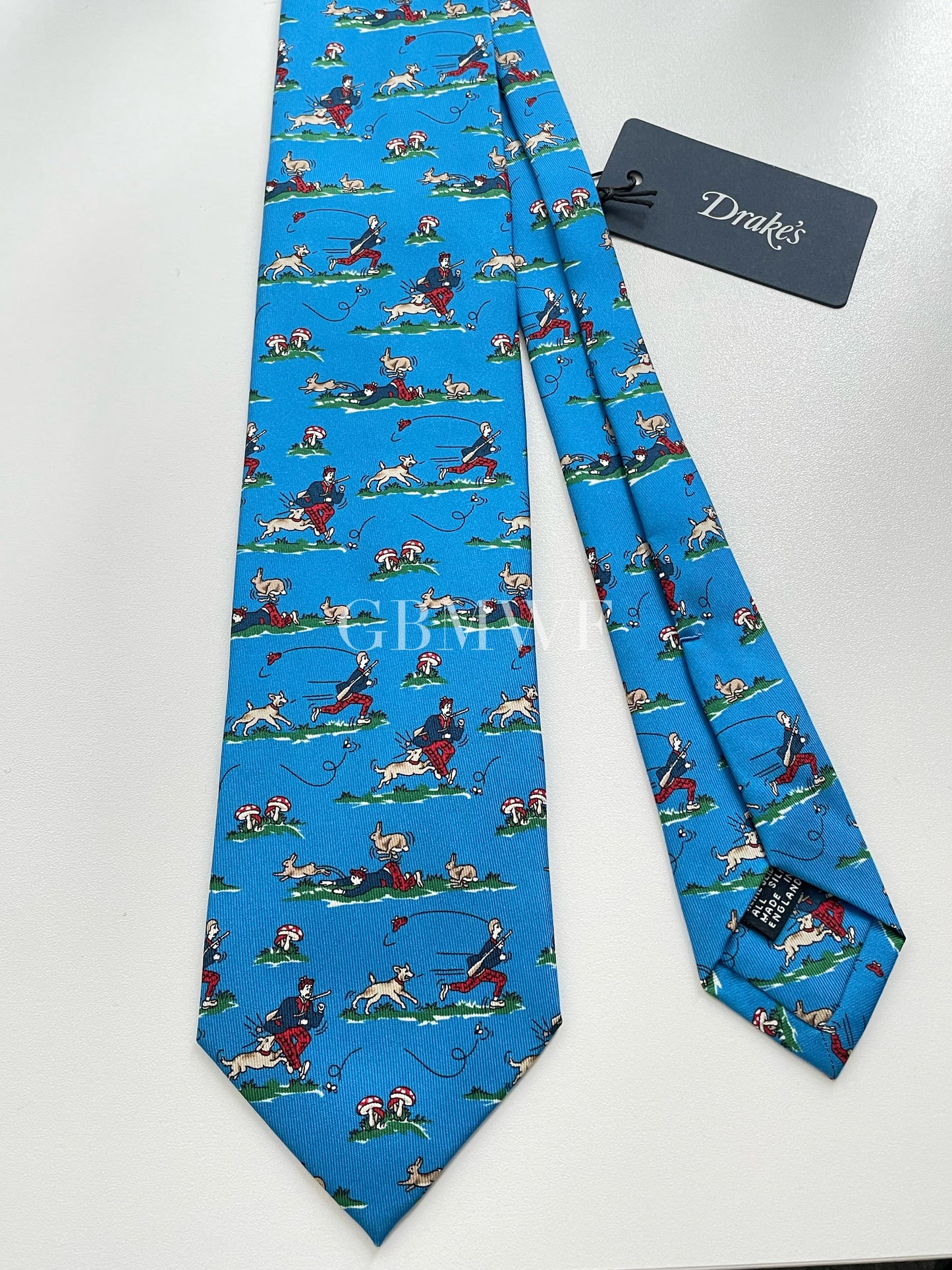 Drakes Men with Dog Handmade Tipped Silk Tie With Tag Limited Edition
