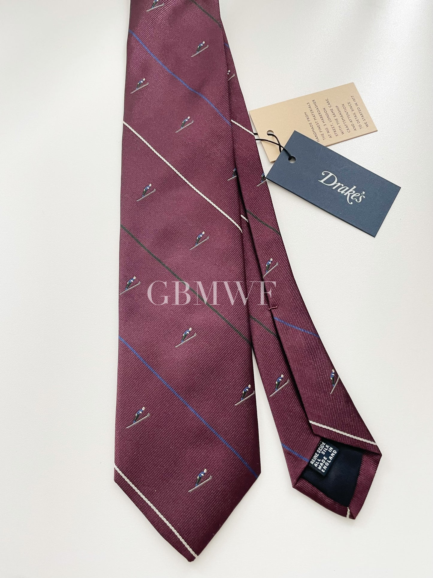 Limited Drakes Burgundy Handmade Silk Tie with Skiing Motif Sports Collection