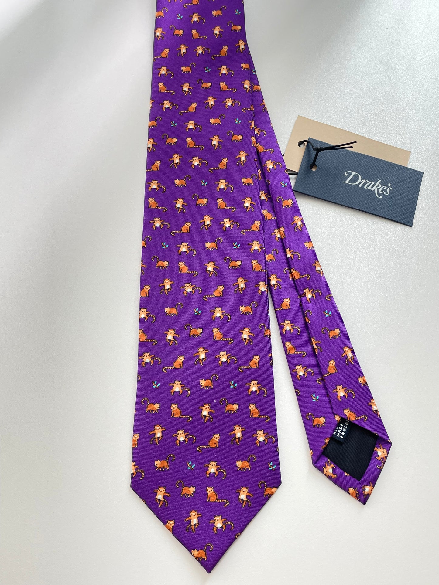 Drakes Red Panda Motif Handmade Tipped Silk Tie With Tag Limited Edition