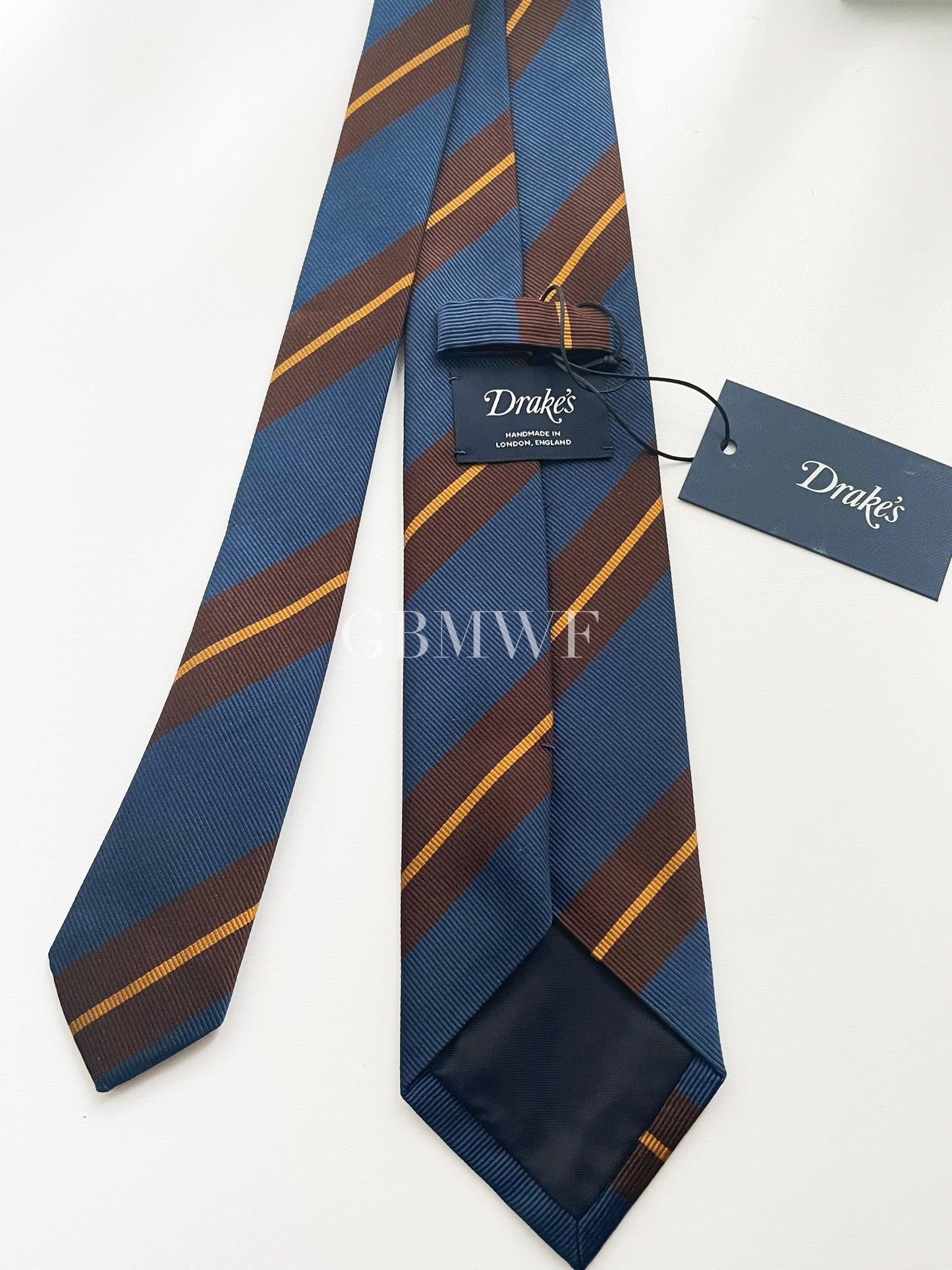 Drakes Handmade Striped Tipped Silk Tie With Tag