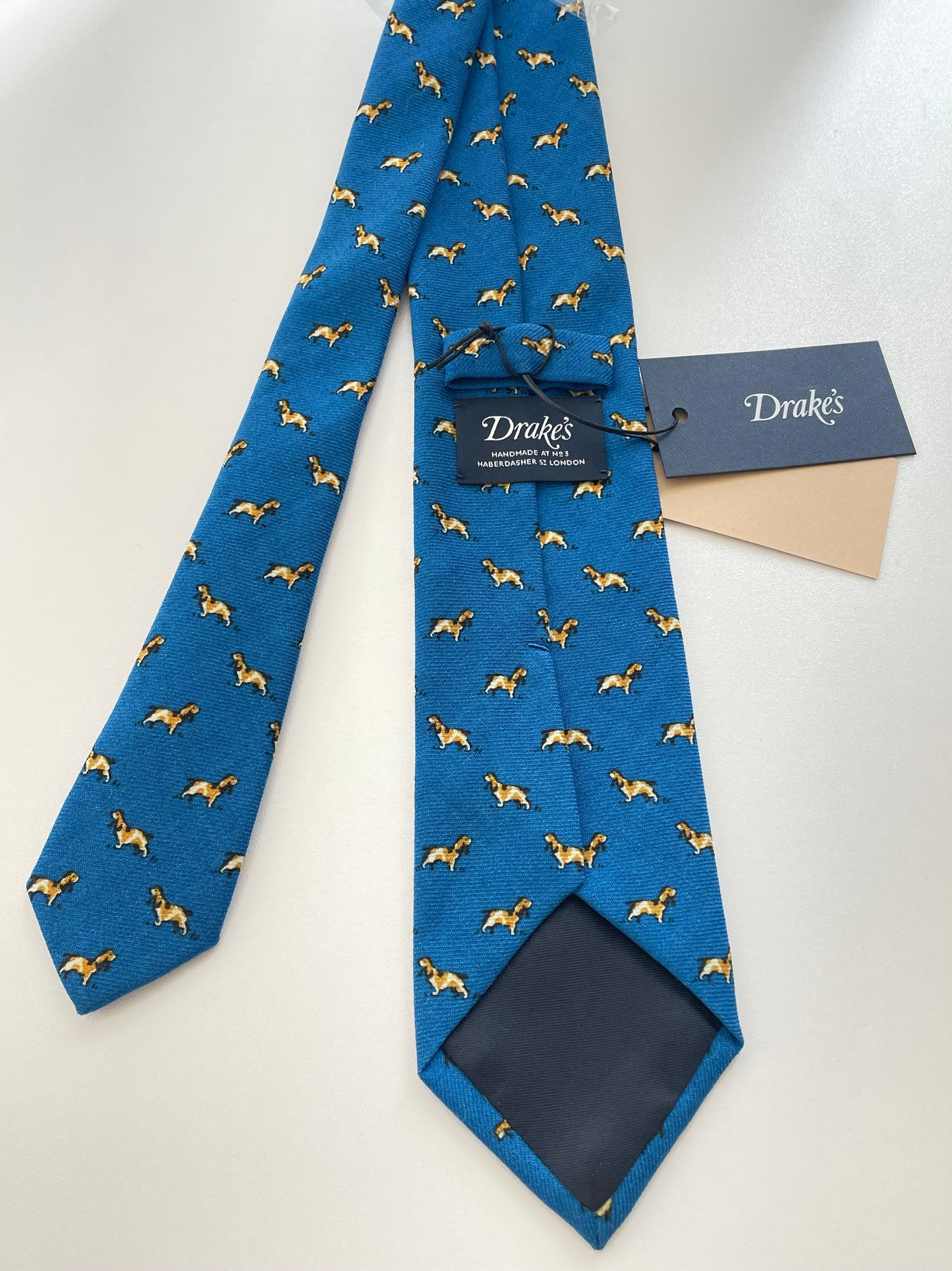 Drakes Hunting Dog Motif Handmade Tipped Wool Tie With Tag