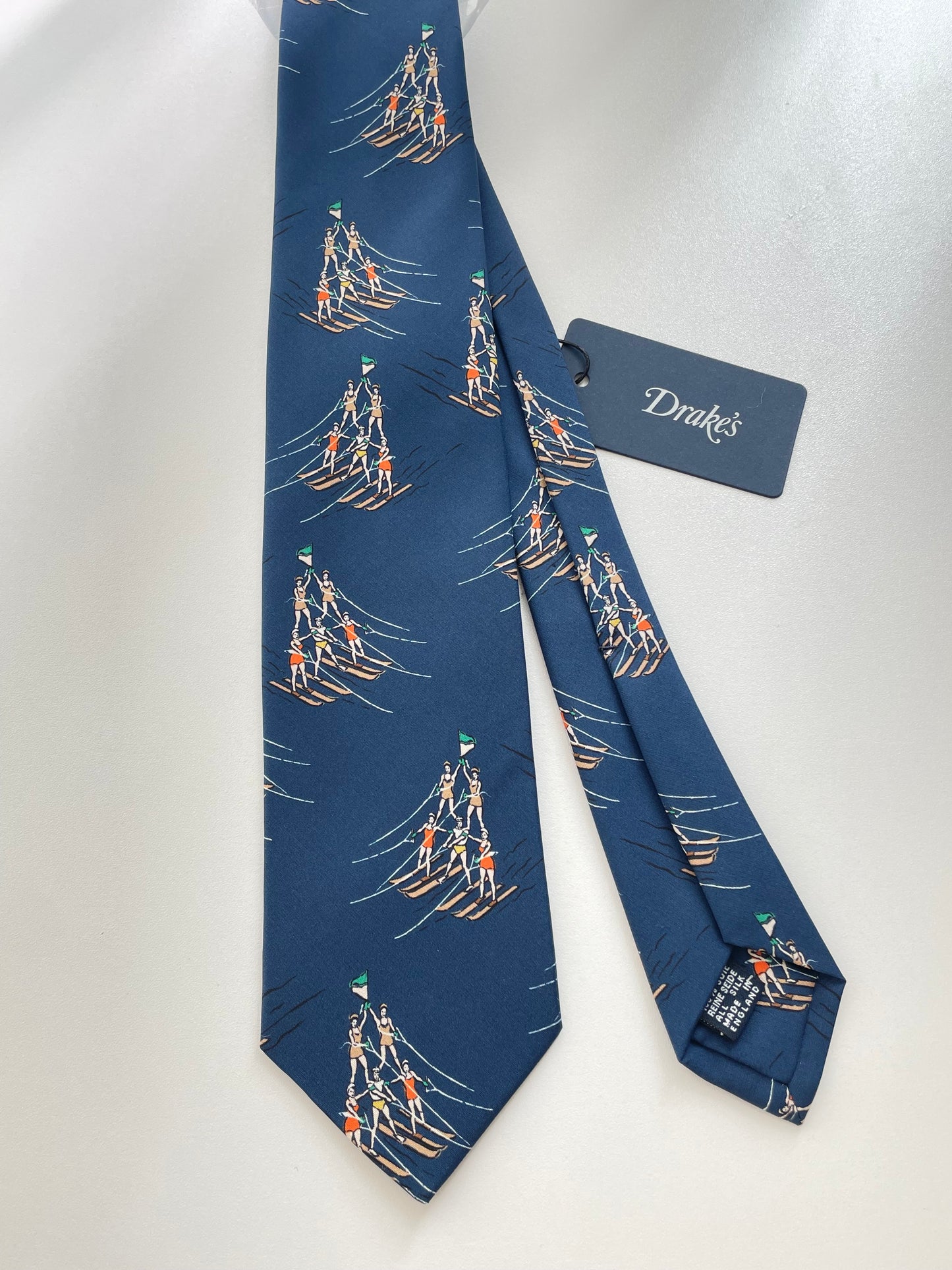 Drakes Human Pyramid Waterskiing Motif Handmade Tie Limited Edition