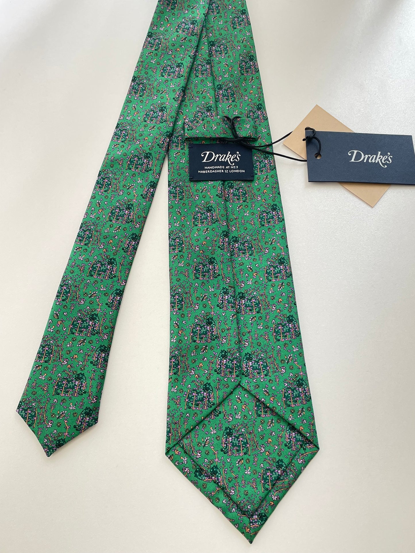 Drakes Tiger and Blooms Motif Handmade Tipped Silk Tie With Tag