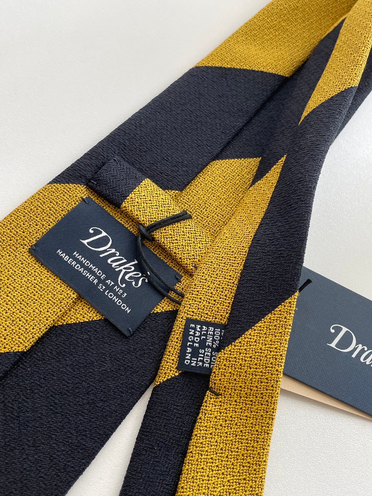 Drakes Black Yellow Hand-rolled Edge Block Stripe Silk Handmade Tie With Tag