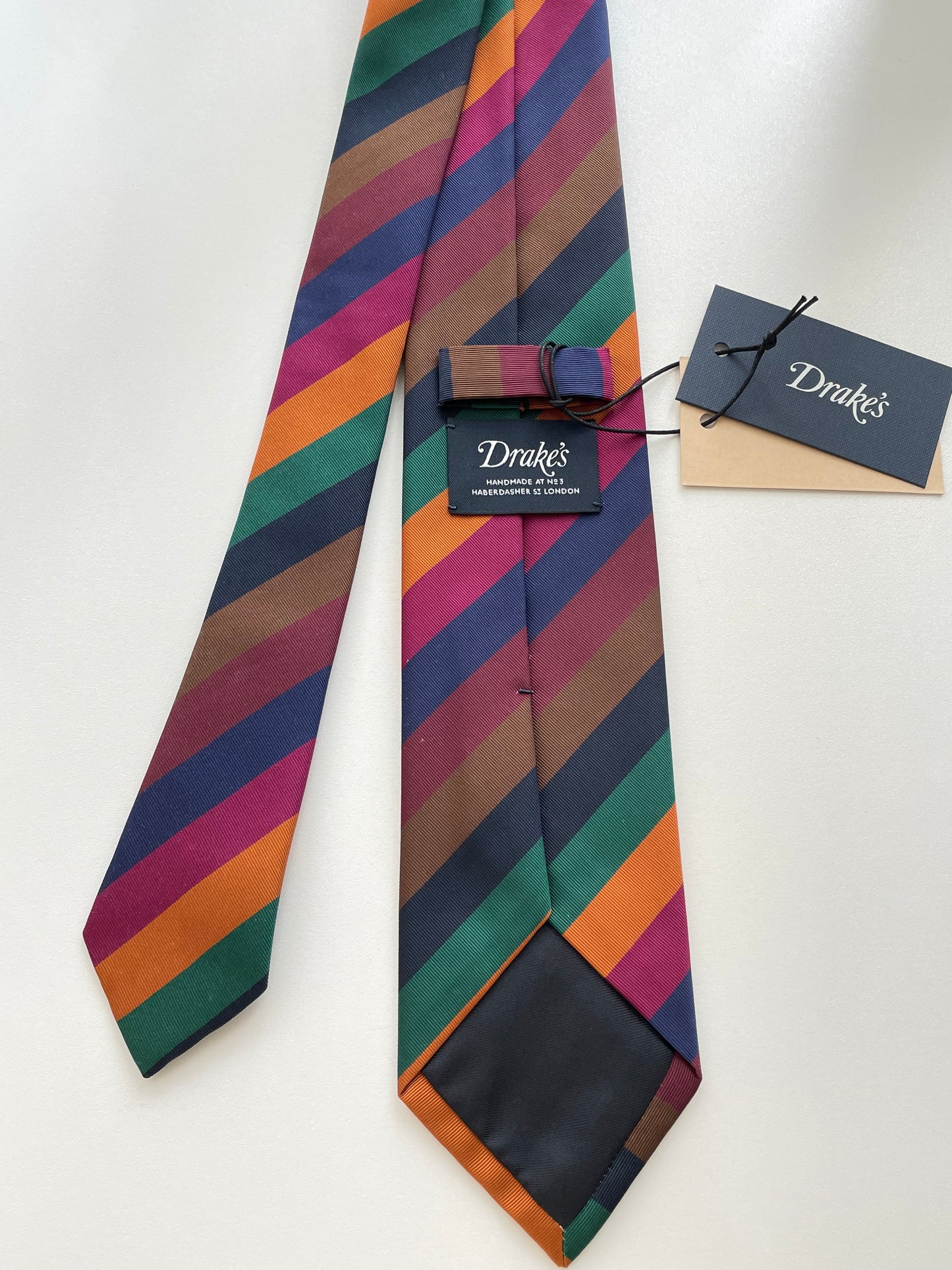 Drakes Handmade Striped Tipped Silk Tie With Tag