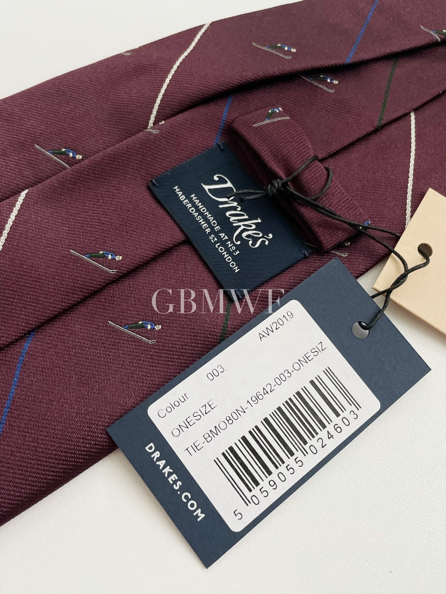 Limited Drakes Burgundy Handmade Silk Tie with Skiing Motif Sports Collection