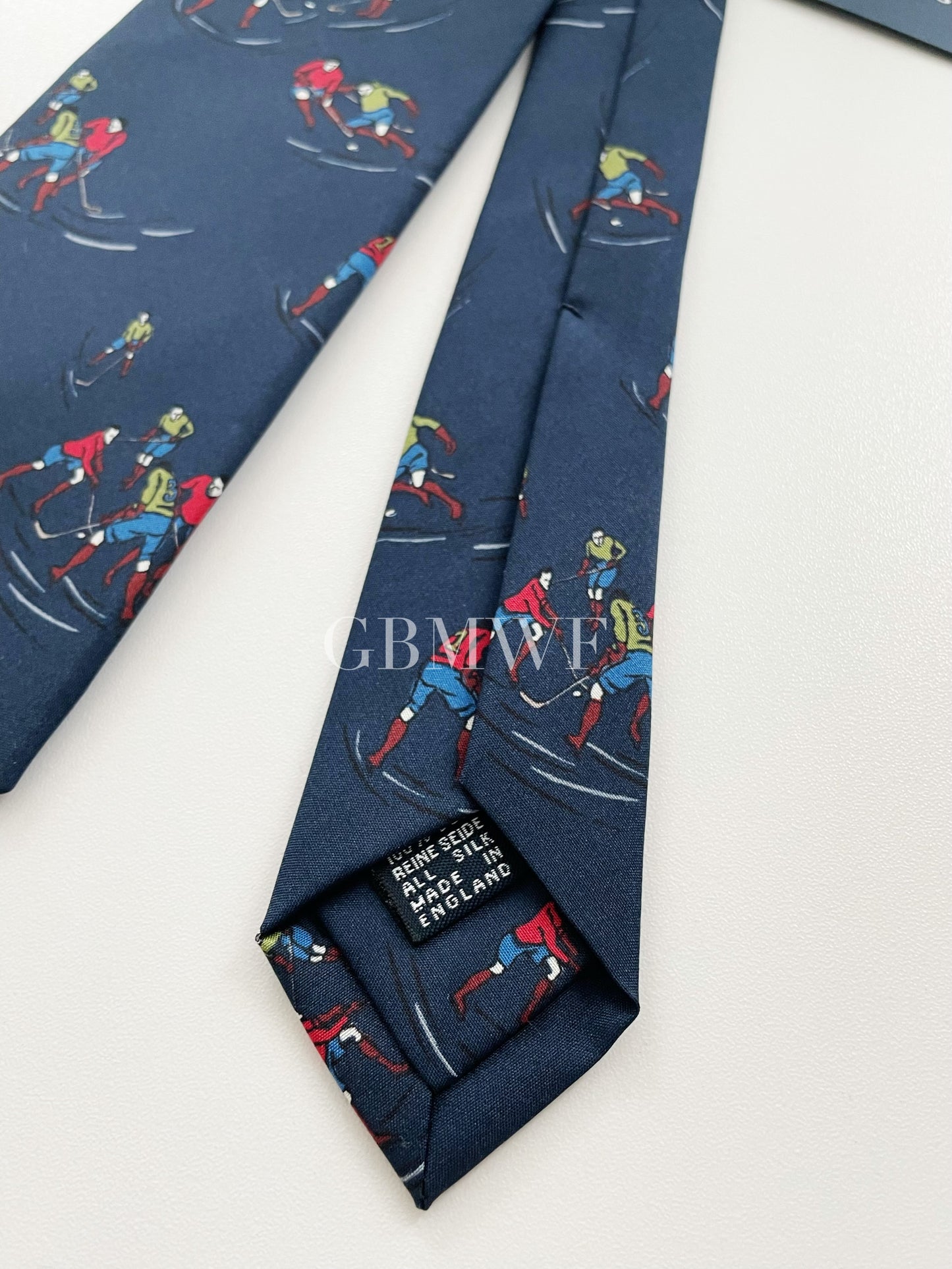 Limited Drakes Navy Handmade Silk Tie with Ice Hockey Motif Sports Collection
