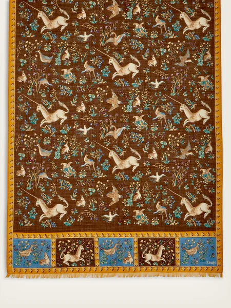 Drakes Brown Unicorn Print Wool-Silk Scarf 70*180cm