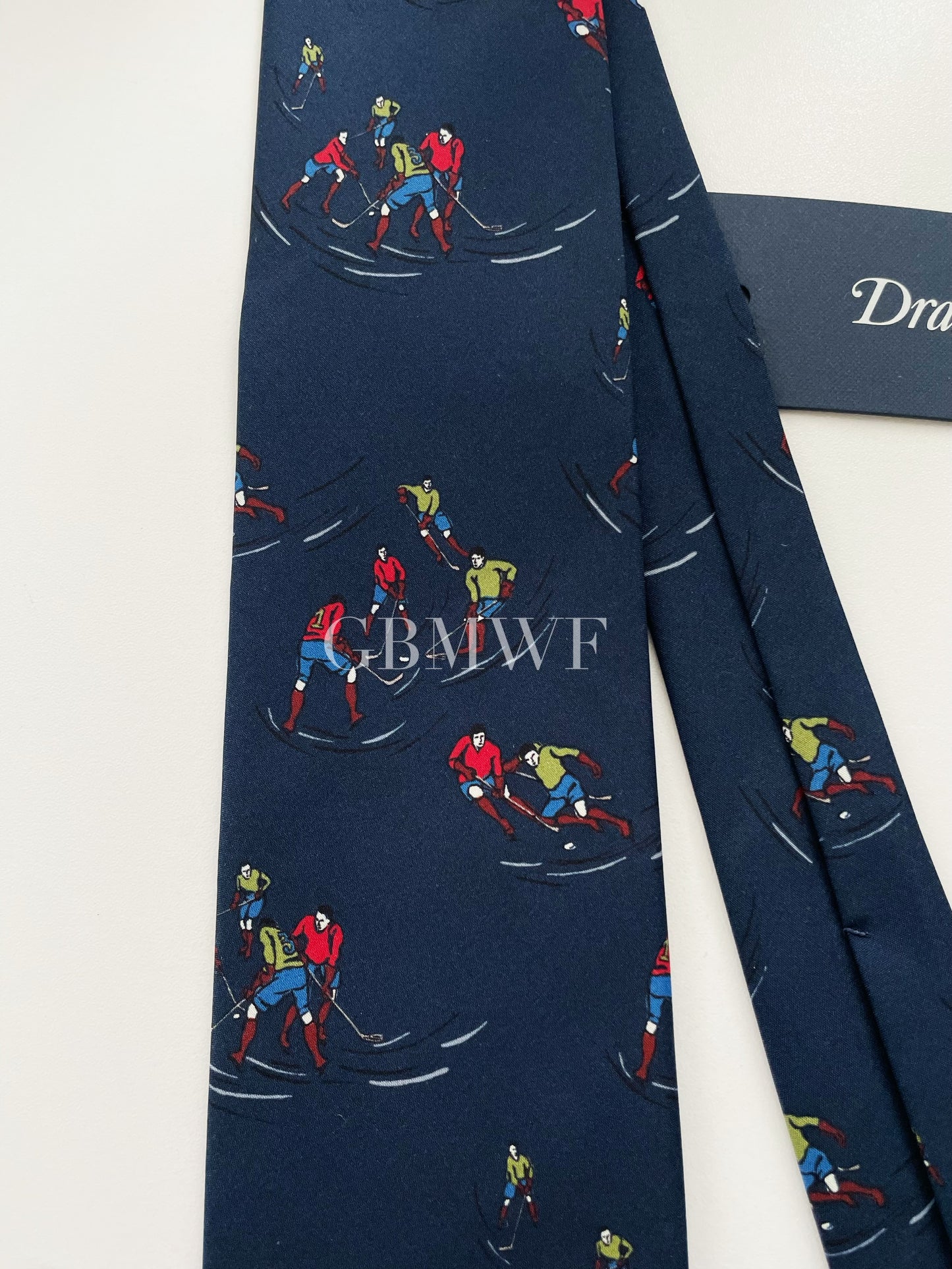 Limited Drakes Navy Handmade Silk Tie with Ice Hockey Motif Sports Collection