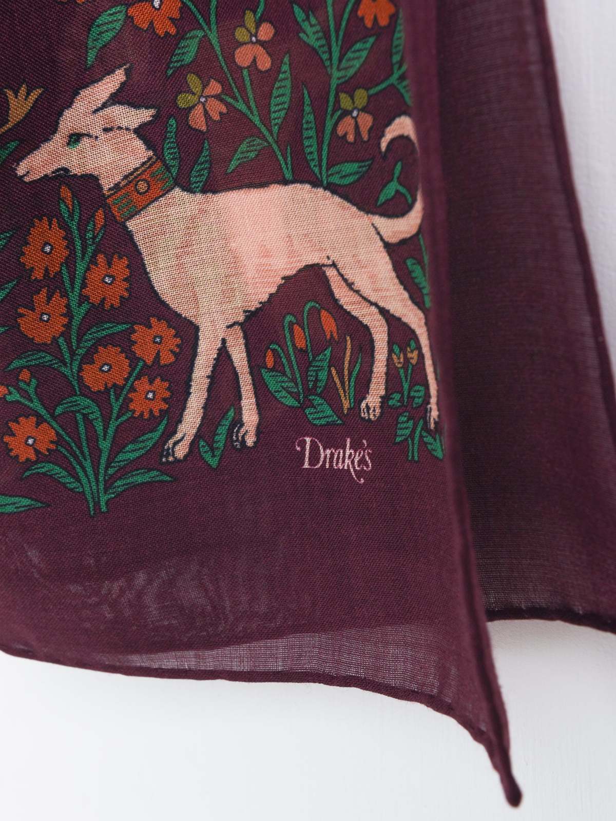 Drakes Bungundy Unicorn Print Wool-Silk Square Scarf 90*90cm
