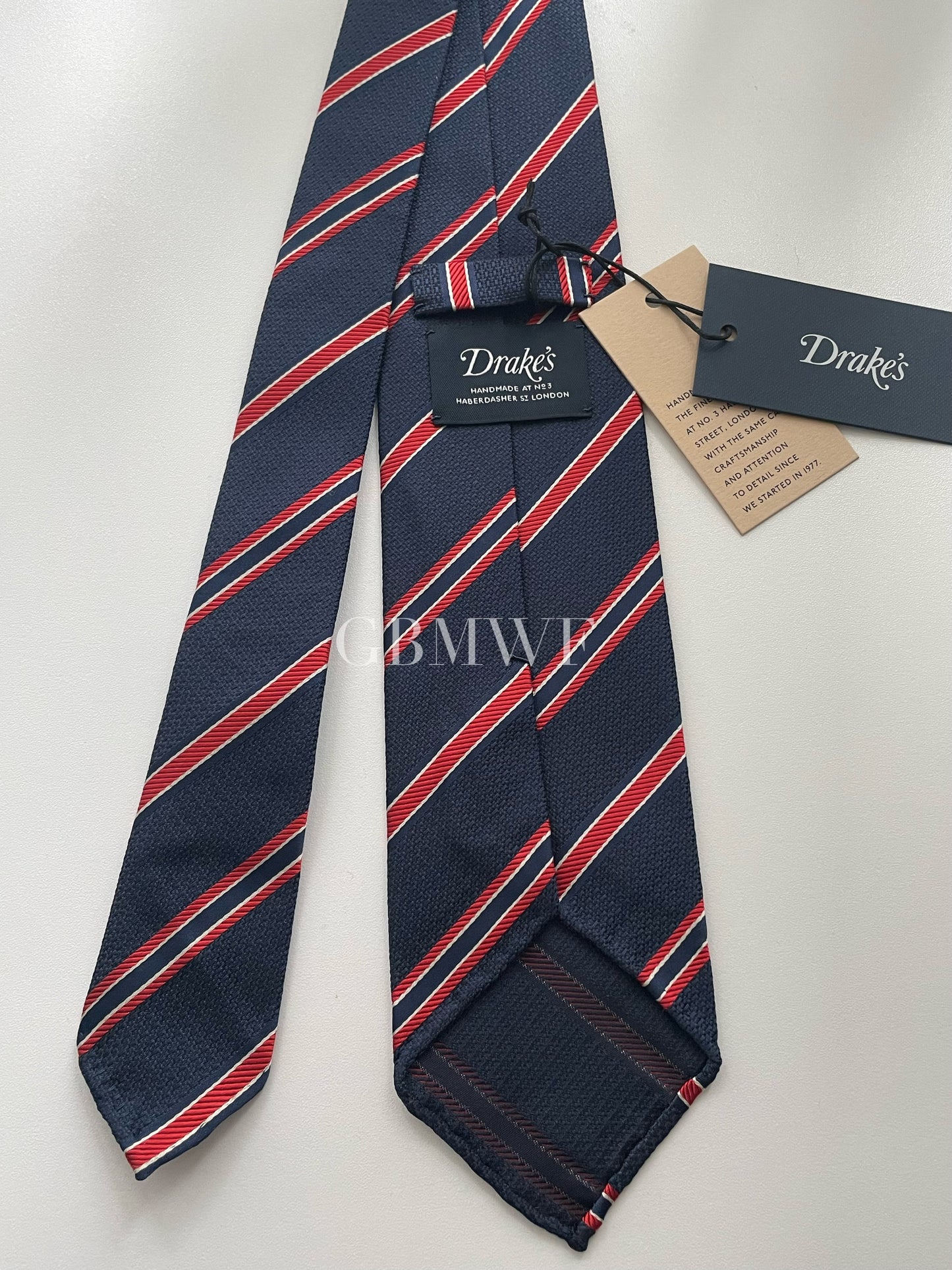 Drakes Handmade Striped Tipped Silk Tie With Tag