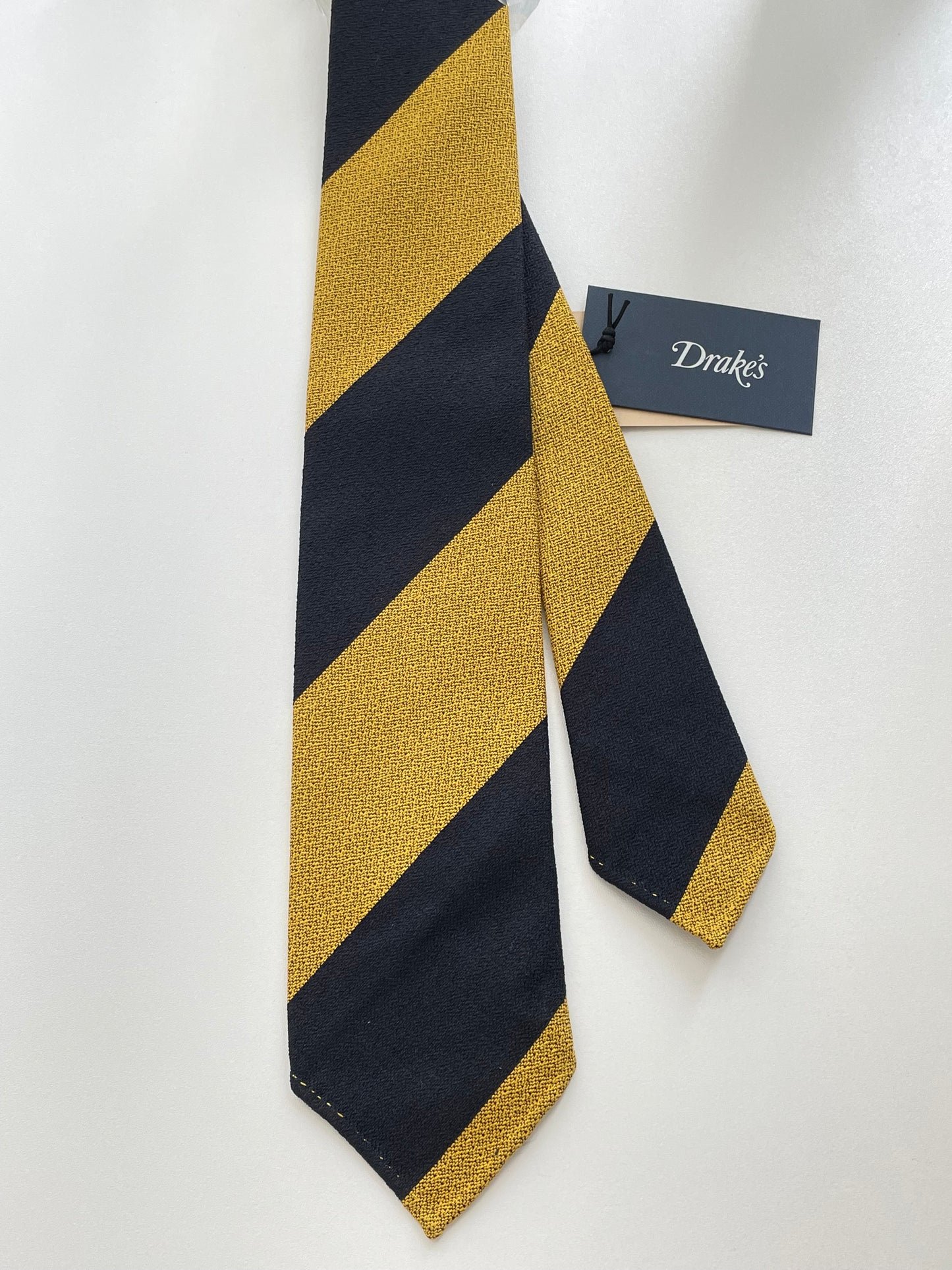 Drakes Black Yellow Hand-rolled Edge Block Stripe Silk Handmade Tie With Tag