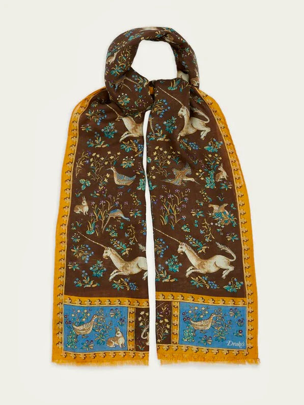 Drakes Brown Unicorn Print Wool-Silk Scarf 70*180cm
