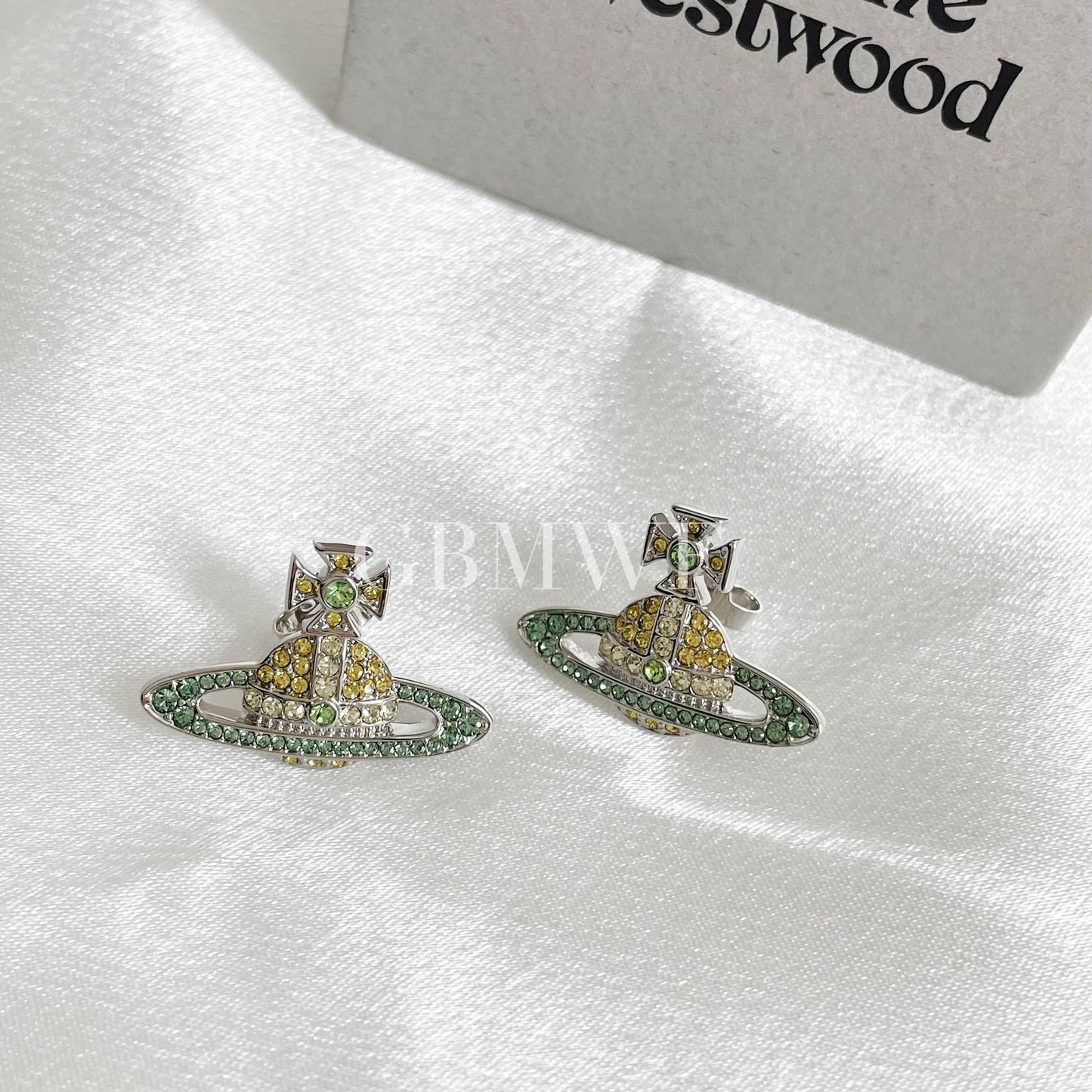 Vivienne Westwood Kika Silver Earrings Yellow/Green With Original Box
