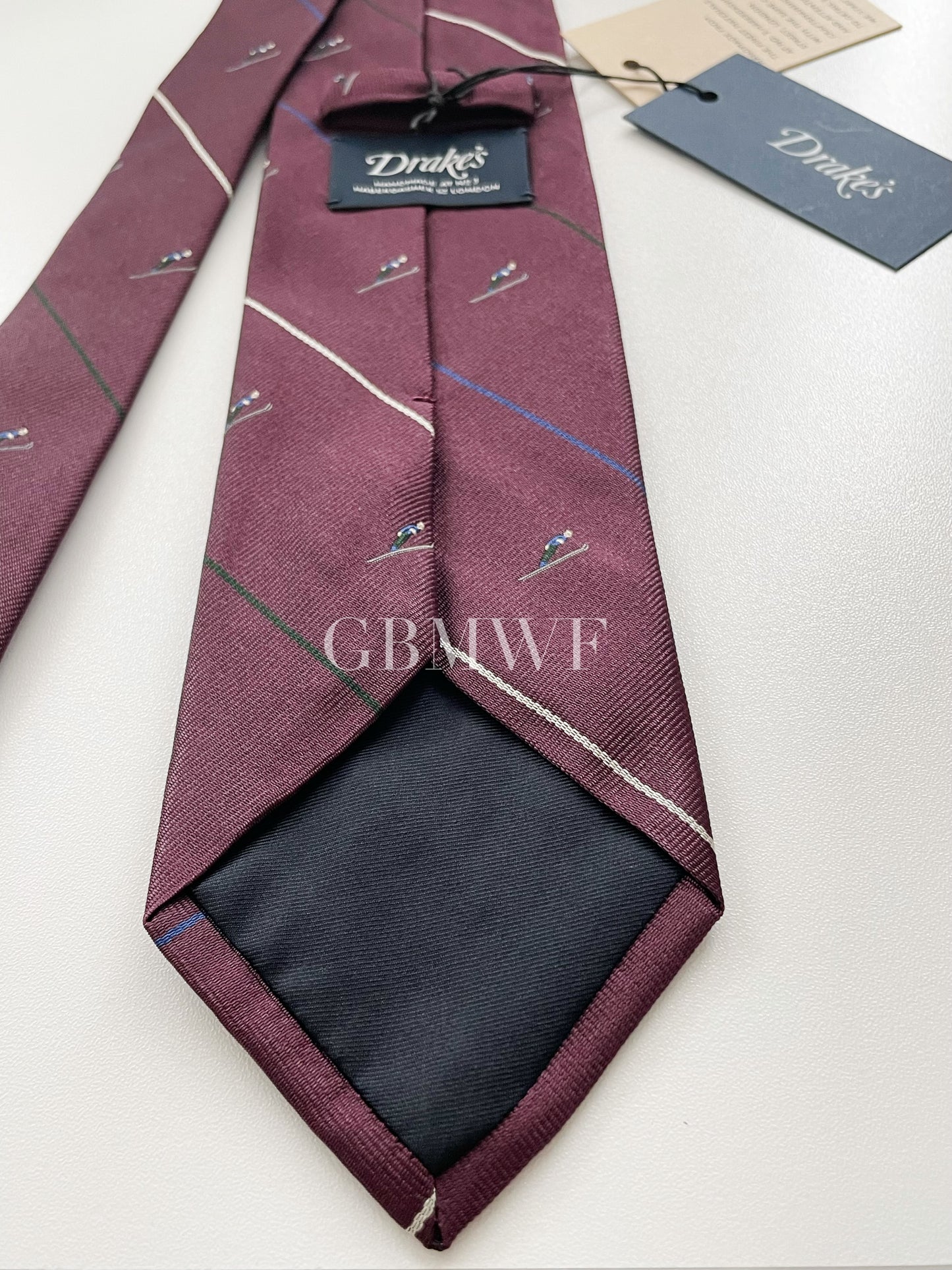 Limited Drakes Burgundy Handmade Silk Tie with Skiing Motif Sports Collection