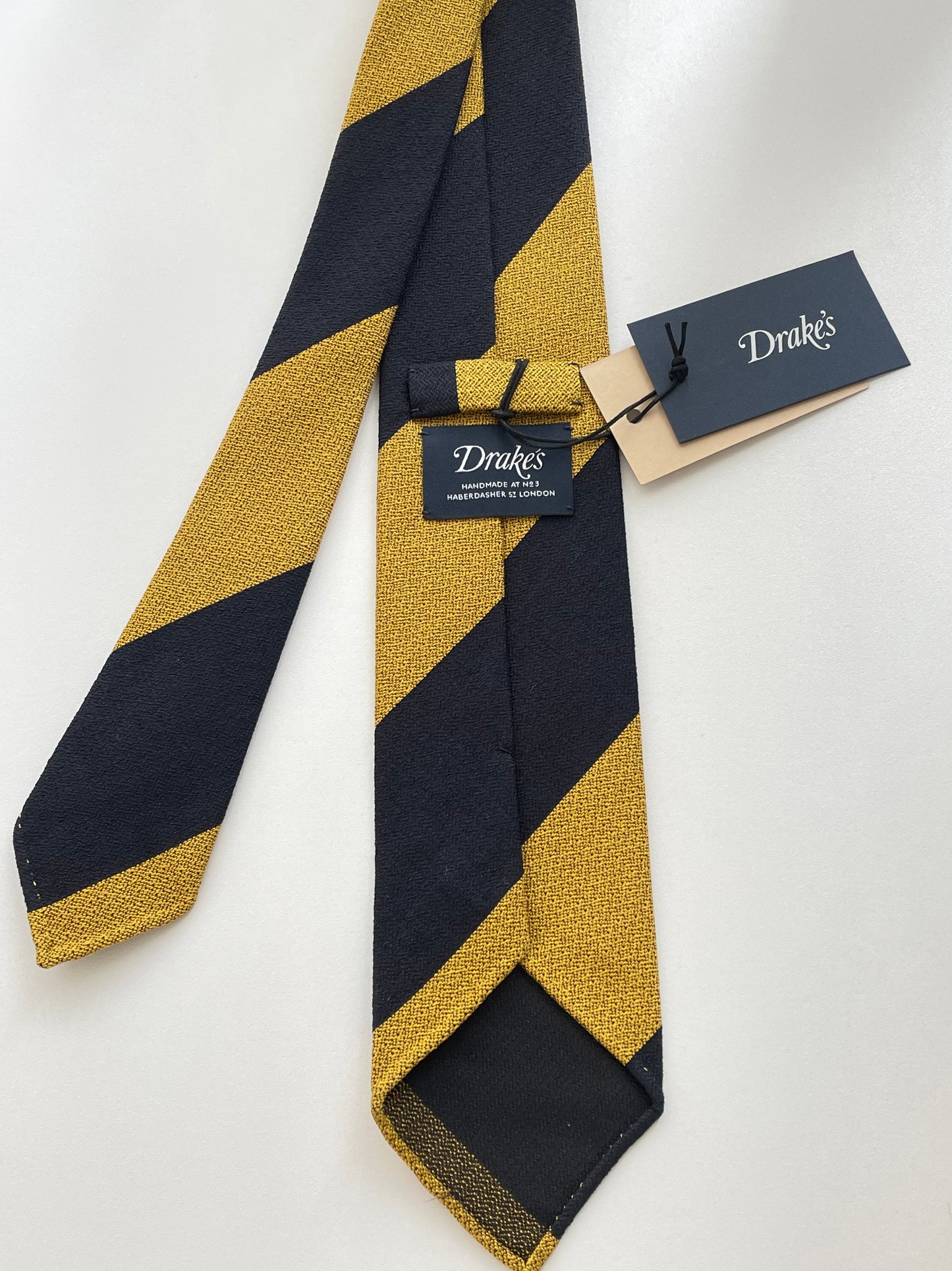 Drakes Black Yellow Hand-rolled Edge Block Stripe Silk Handmade Tie With Tag
