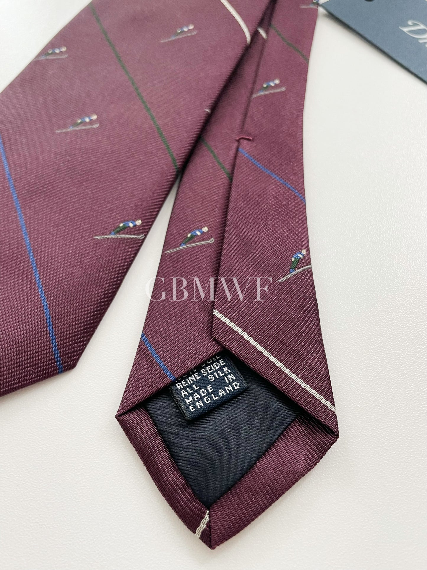 Limited Drakes Burgundy Handmade Silk Tie with Skiing Motif Sports Collection