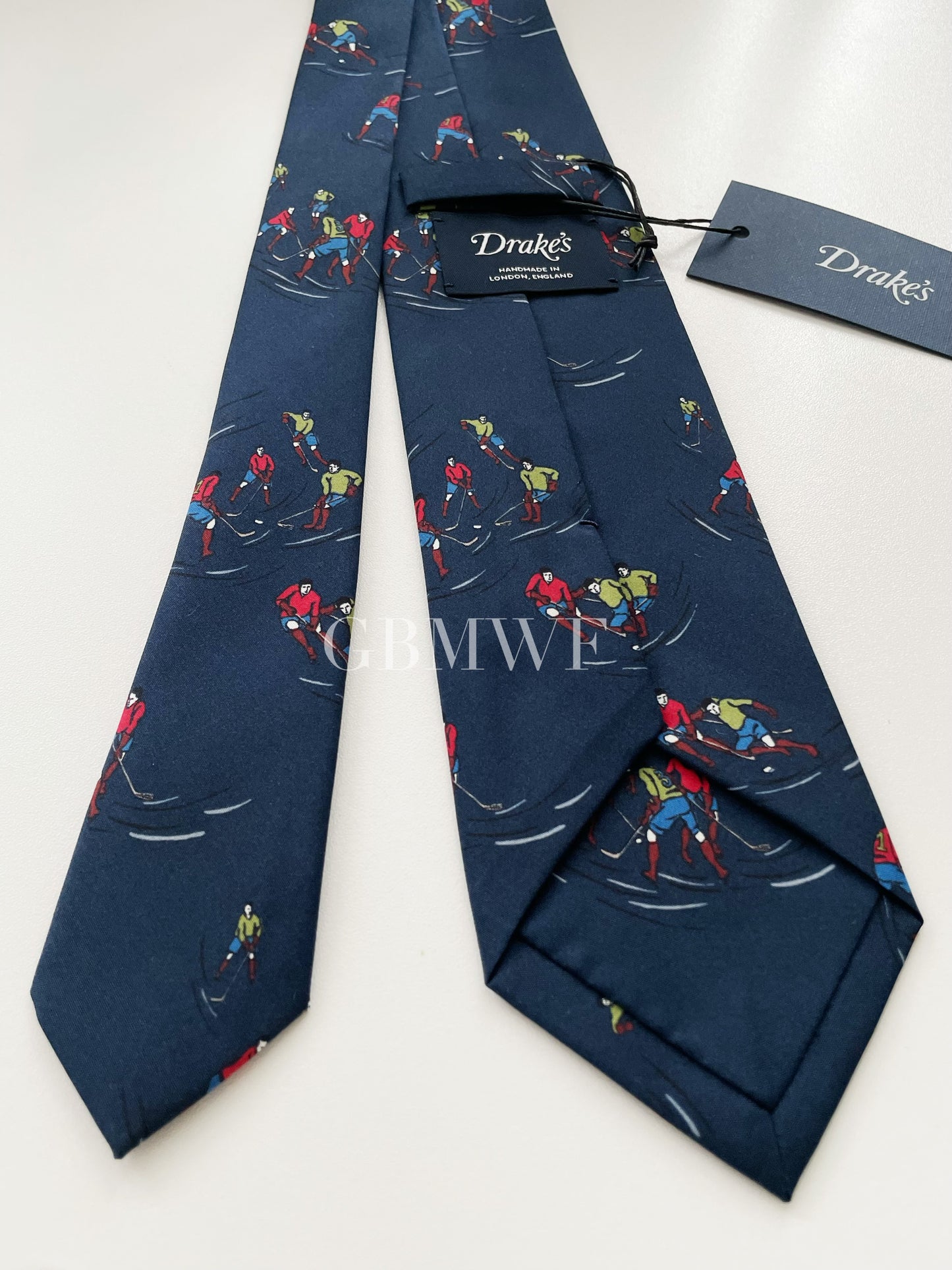 Limited Drakes Navy Handmade Silk Tie with Ice Hockey Motif Sports Collection