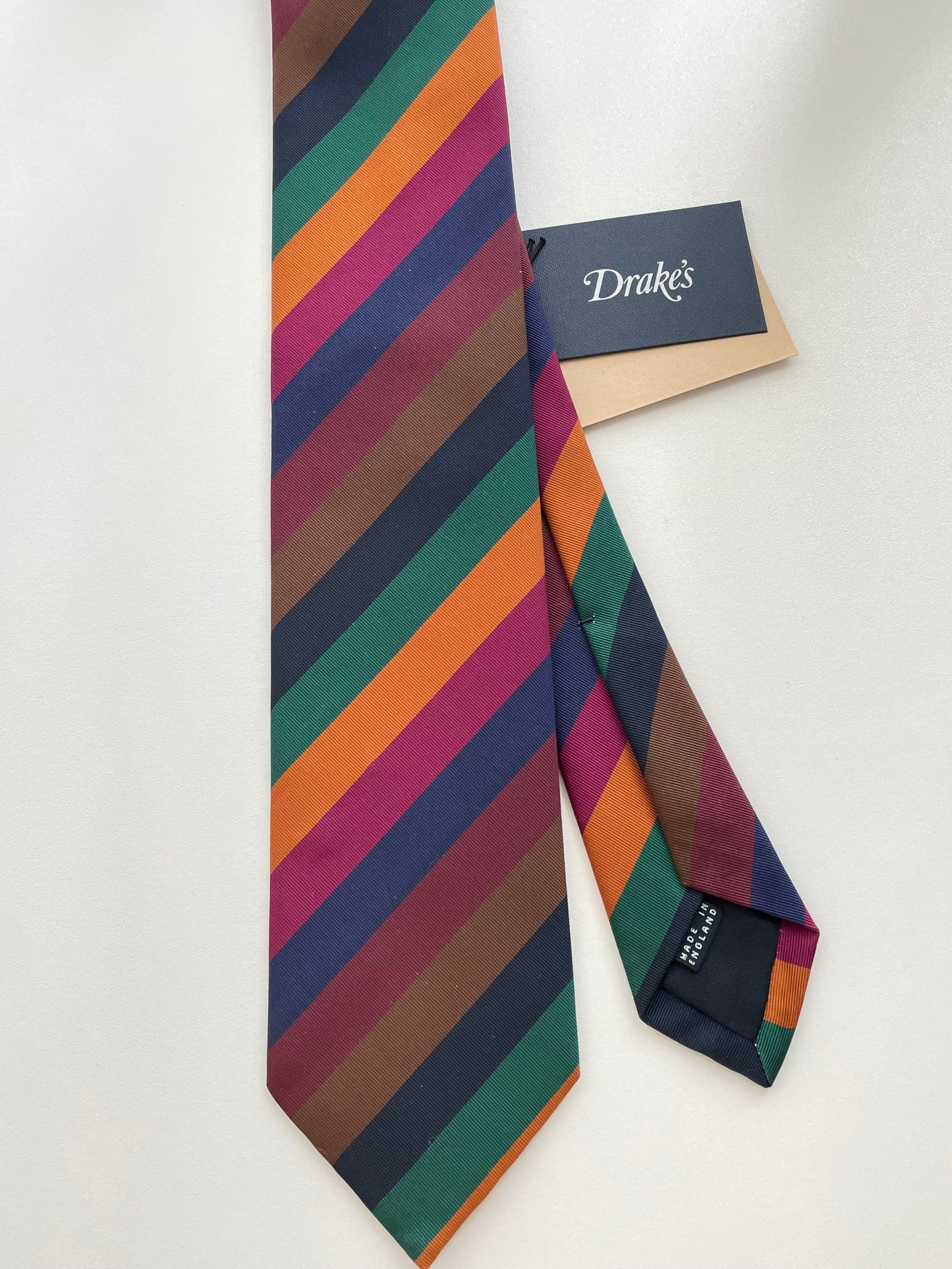 Drakes Handmade Striped Tipped Silk Tie With Tag