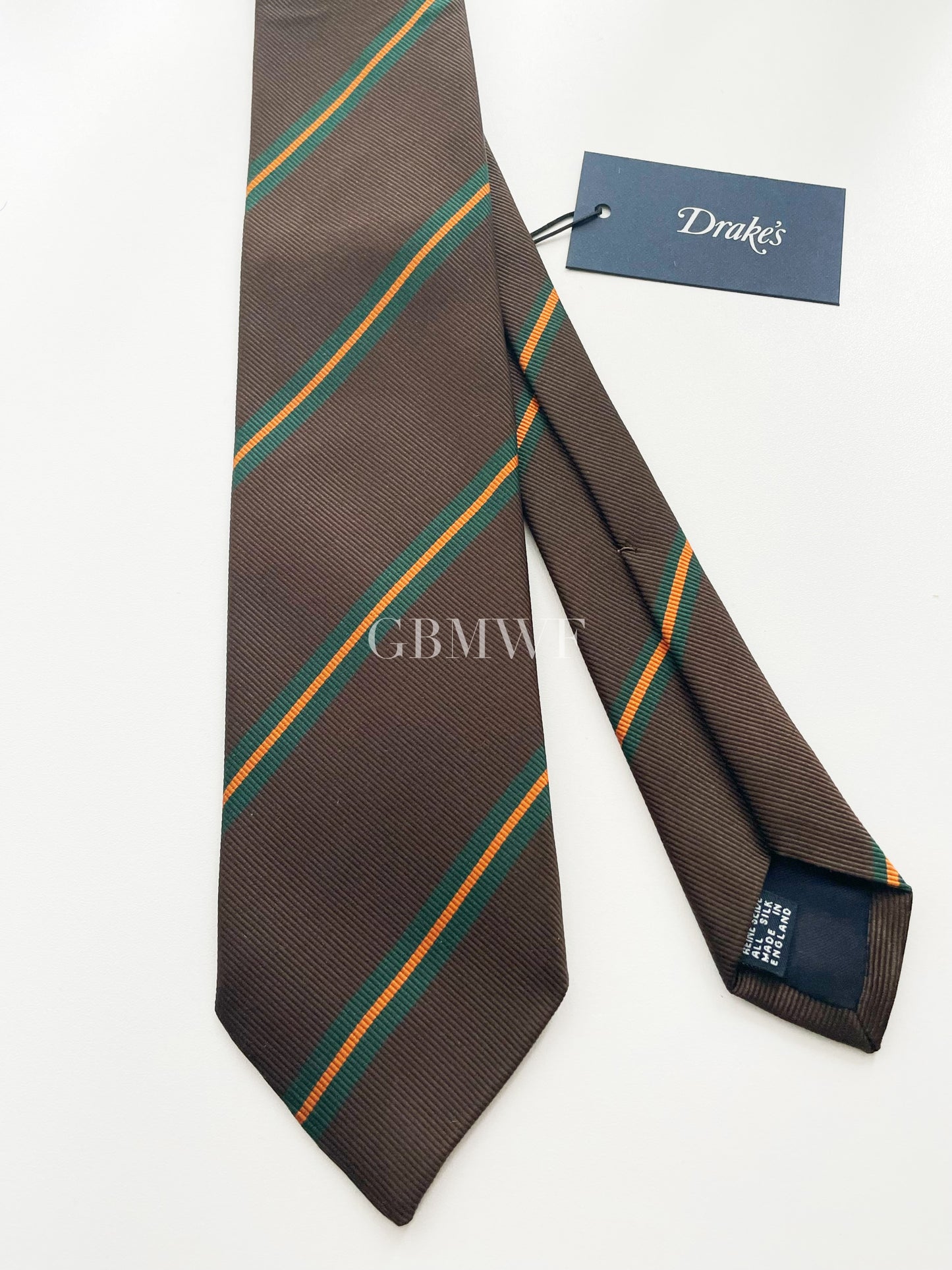 Drakes Handmade Striped Tipped Silk Tie With Tag