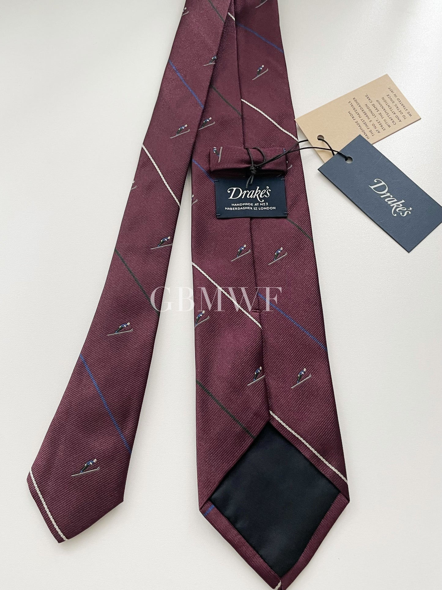 Limited Drakes Burgundy Handmade Silk Tie with Skiing Motif Sports Collection