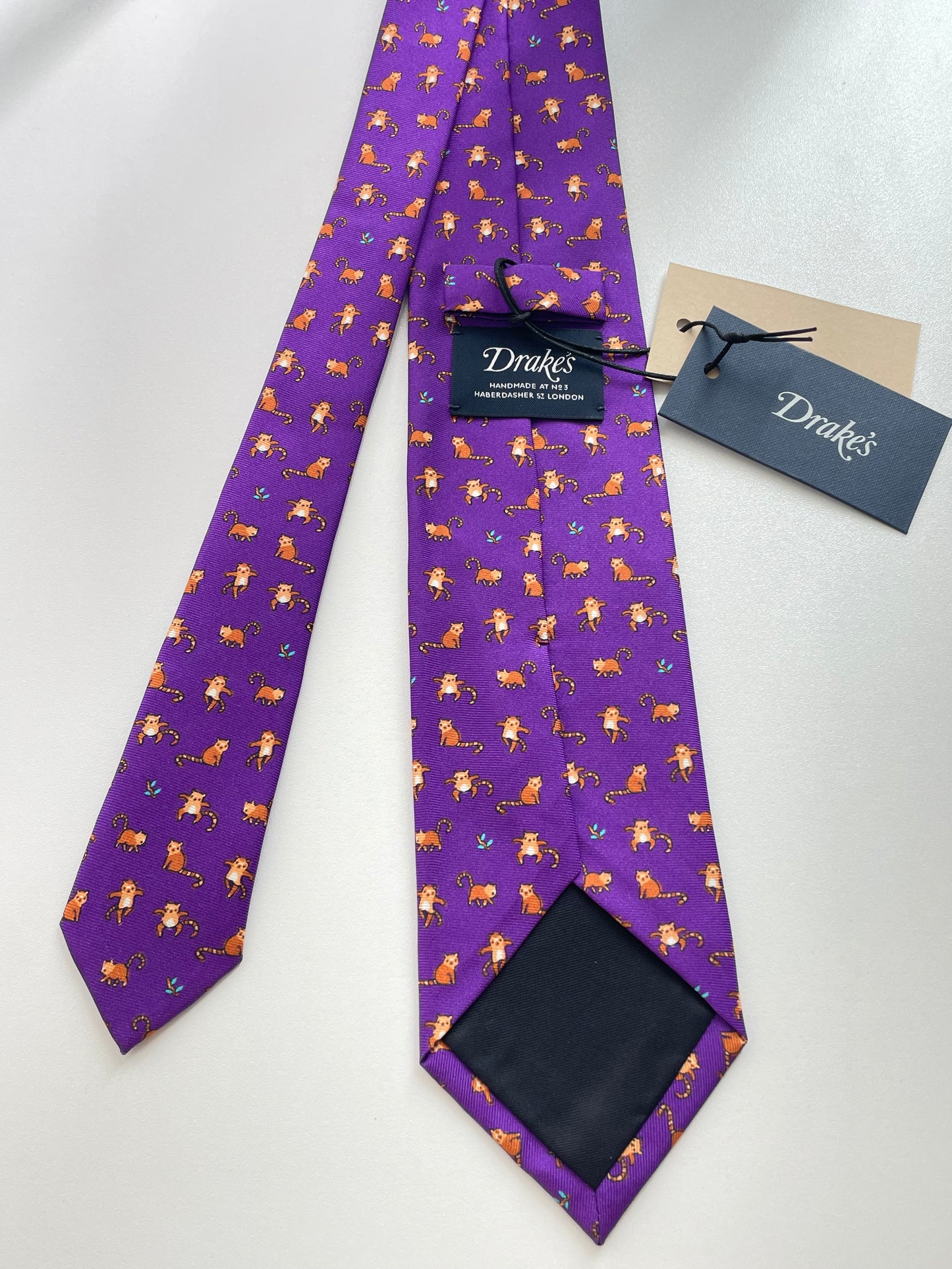 Drakes Red Panda Motif Handmade Tipped Silk Tie With Tag Limited Edition