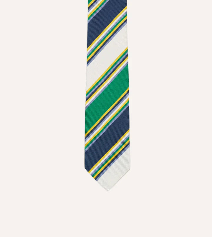 Drake's Navy, Green, Yellow and White Stripe Mogador Silk Tipped Tie