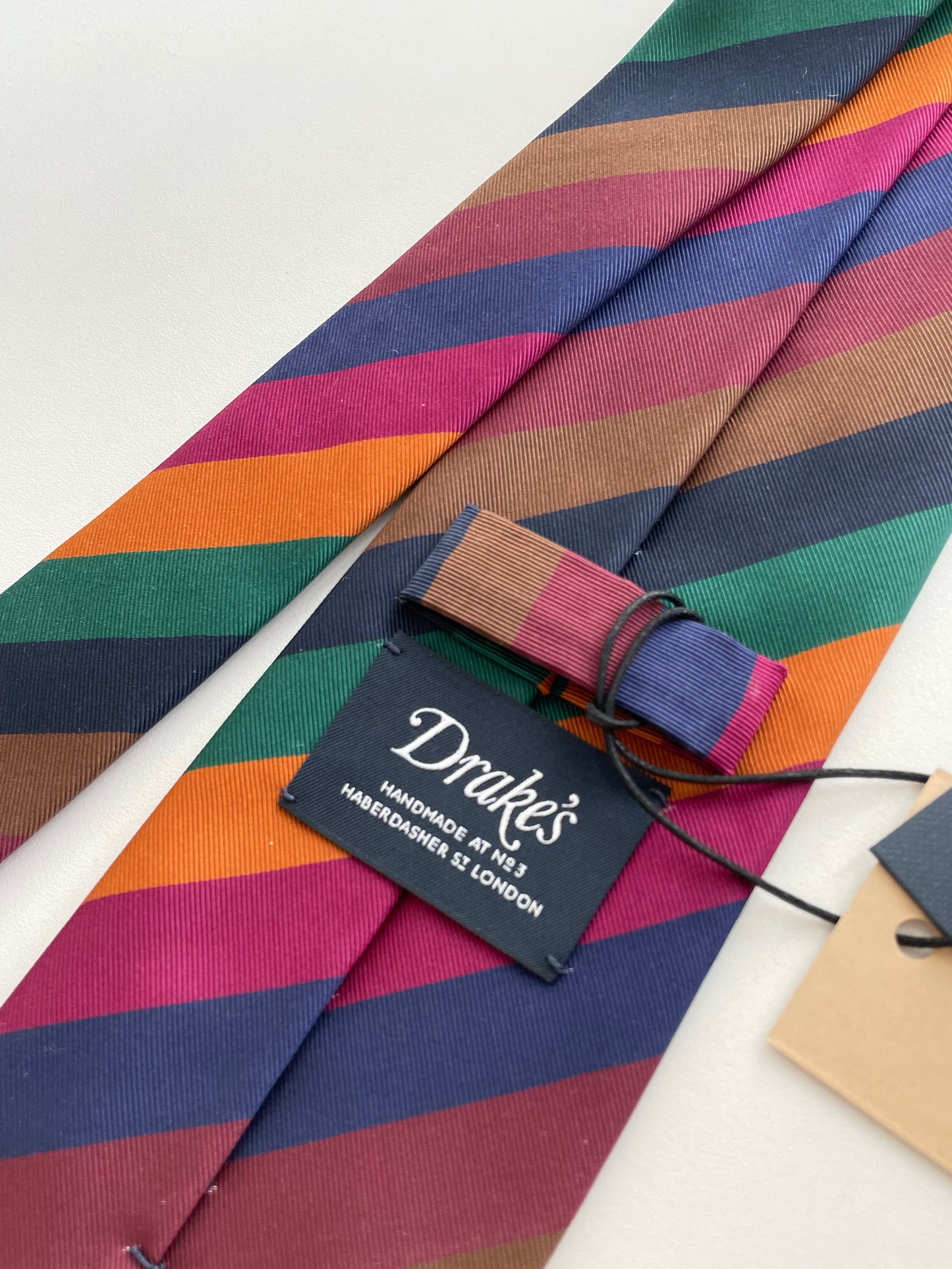 Drakes Handmade Striped Tipped Silk Tie With Tag