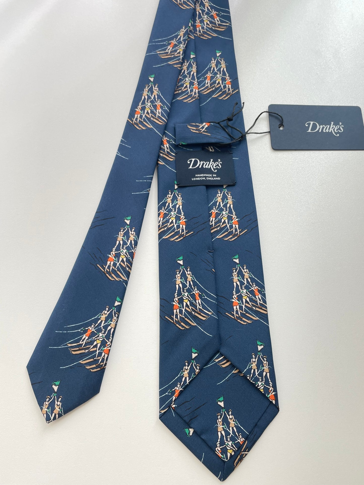 Drakes Human Pyramid Waterskiing Motif Handmade Tie Limited Edition