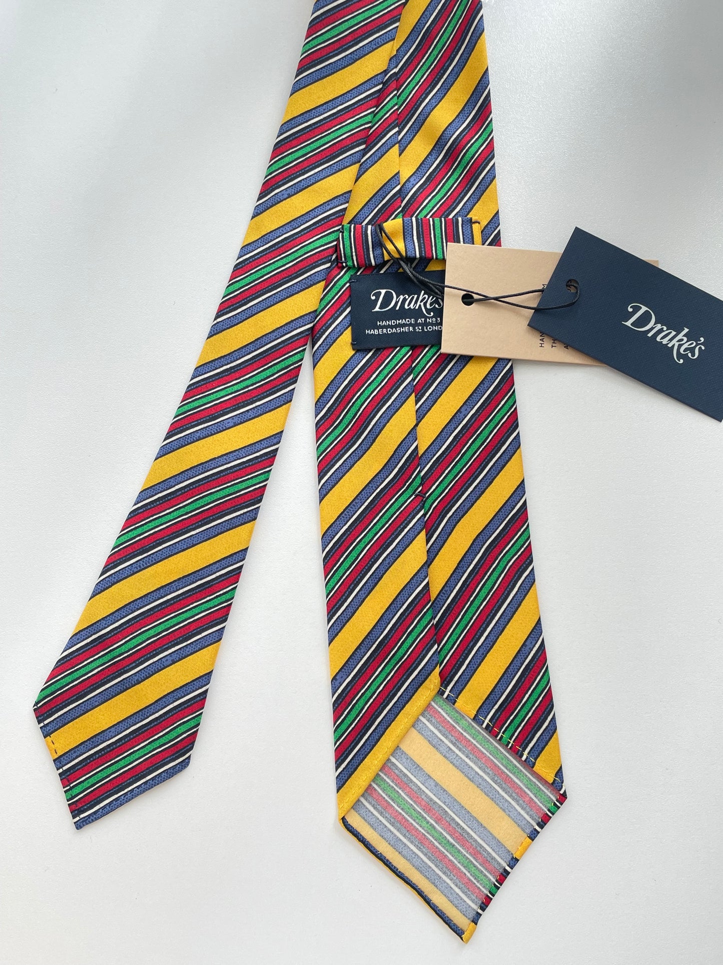 Drakes Hand-rolled Edge Block Stripe Silk Handmade Tie With Tag