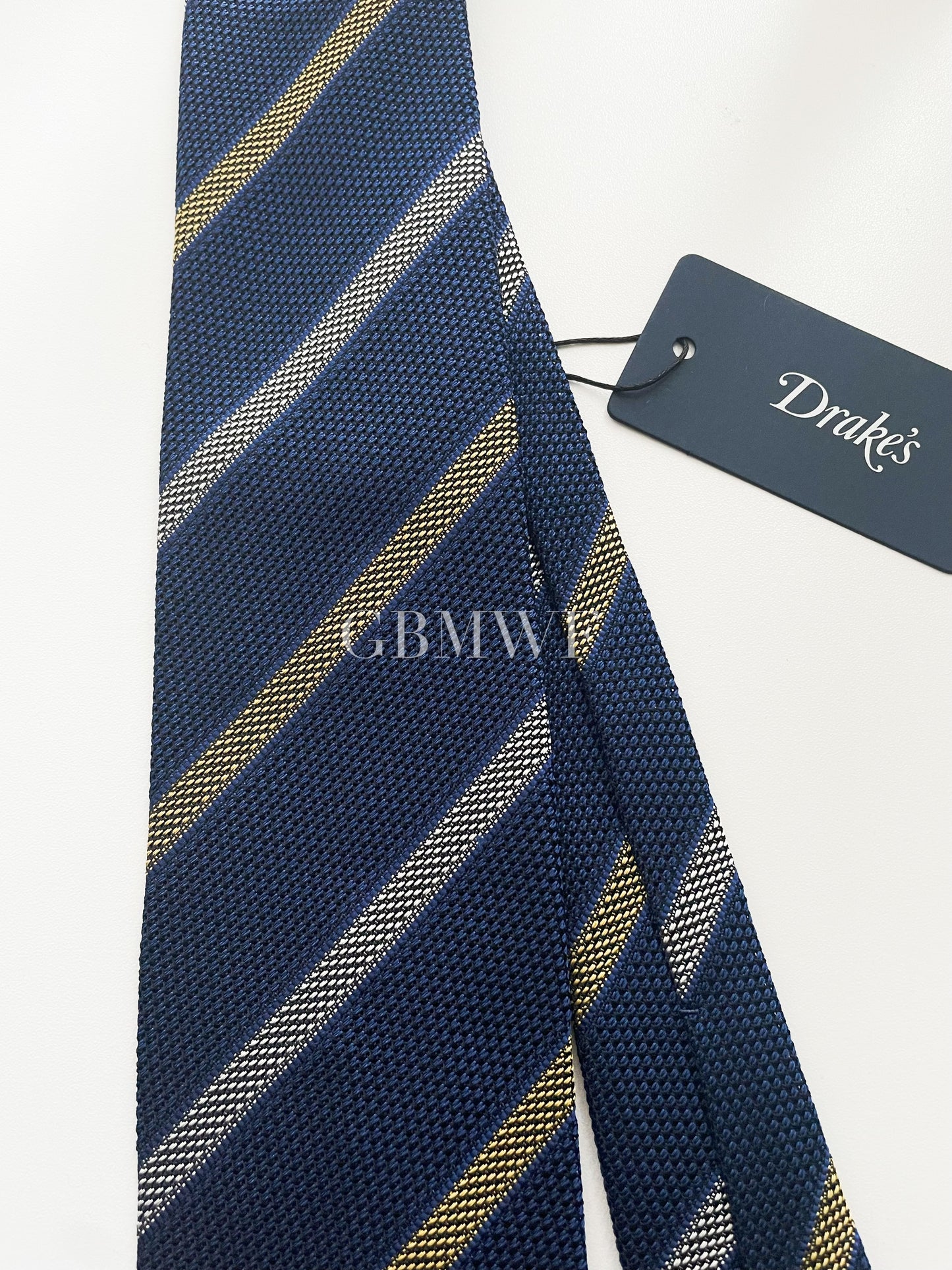 Drakes Handmade Striped Tipped Silk Tie With Tag