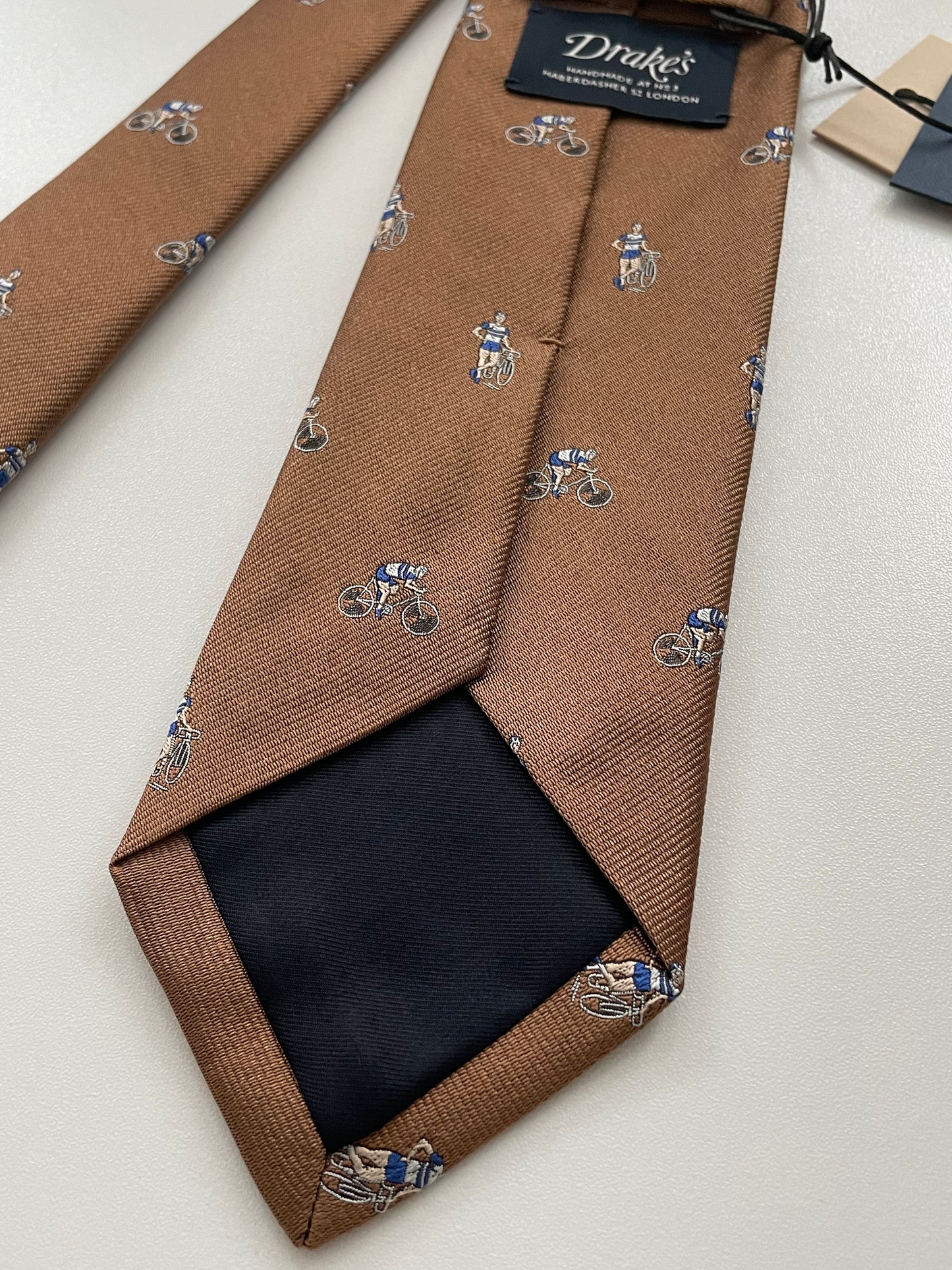 Limited Drakes Brown Tipped Silk Tie with Bike Cycling Motif Sports Collection