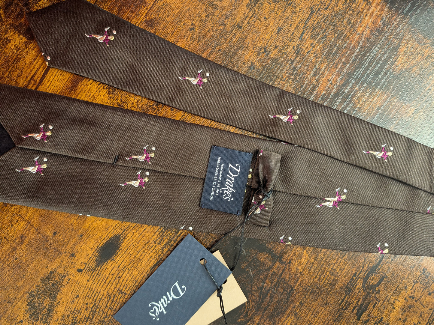 New Drakes Dark Brown Football Motif Handmade Tipped Silk Tie With Tag Limited Edition