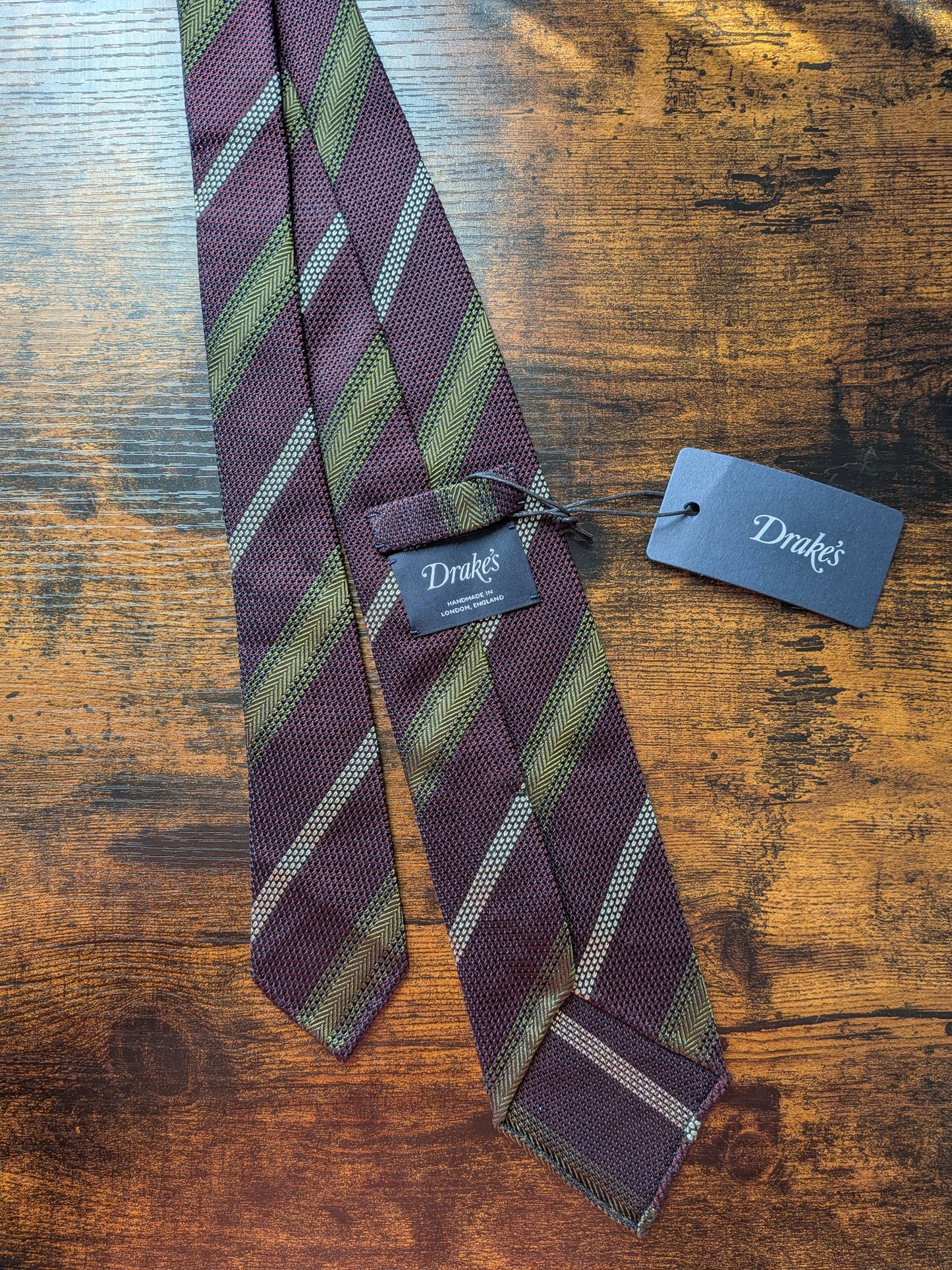Drakes Purple Mastard White Handmade Striped Silk Tie With Tag