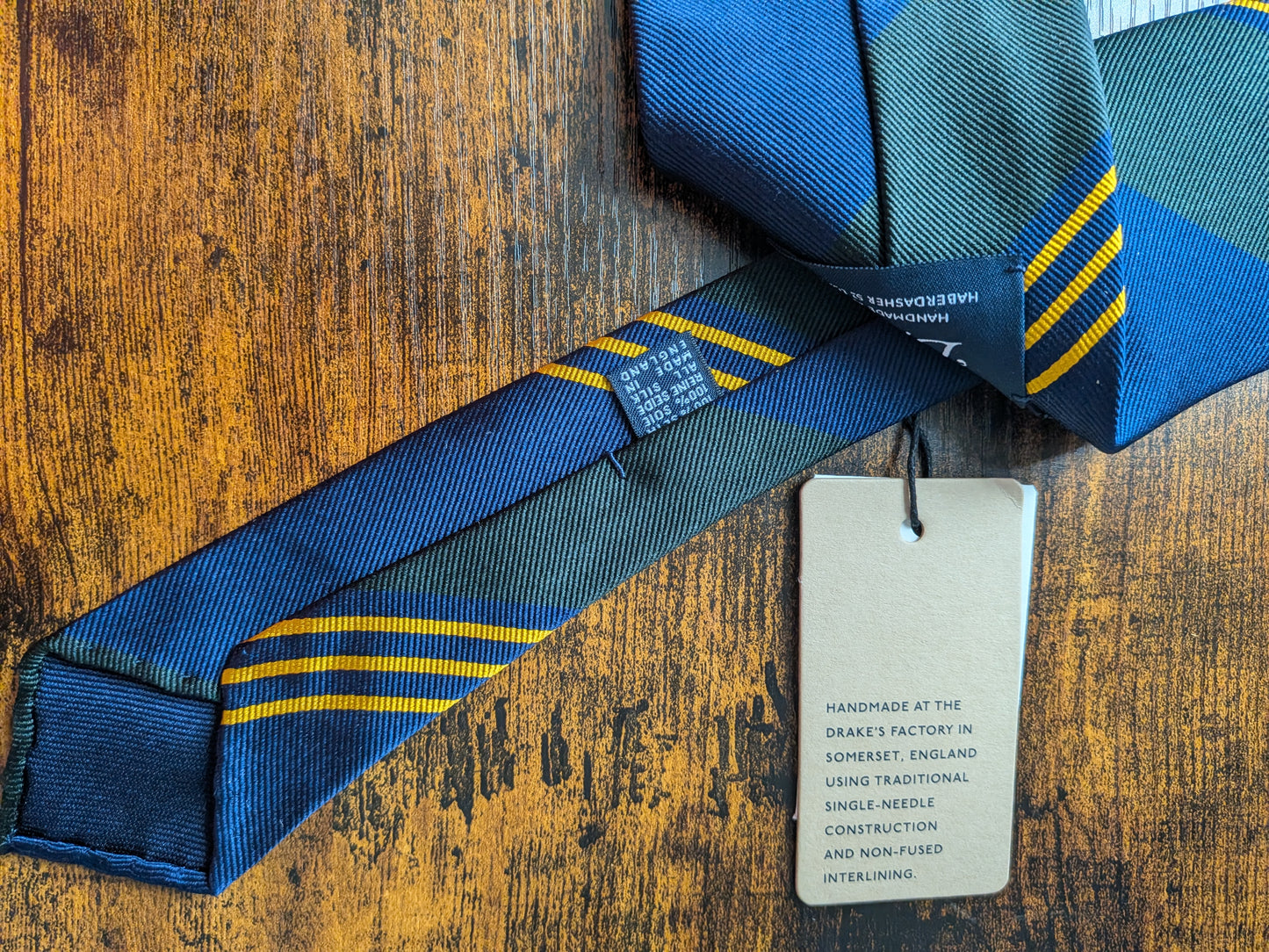 Drakes Navy Green Yellow Handmade Striped Silk Tie With Tag