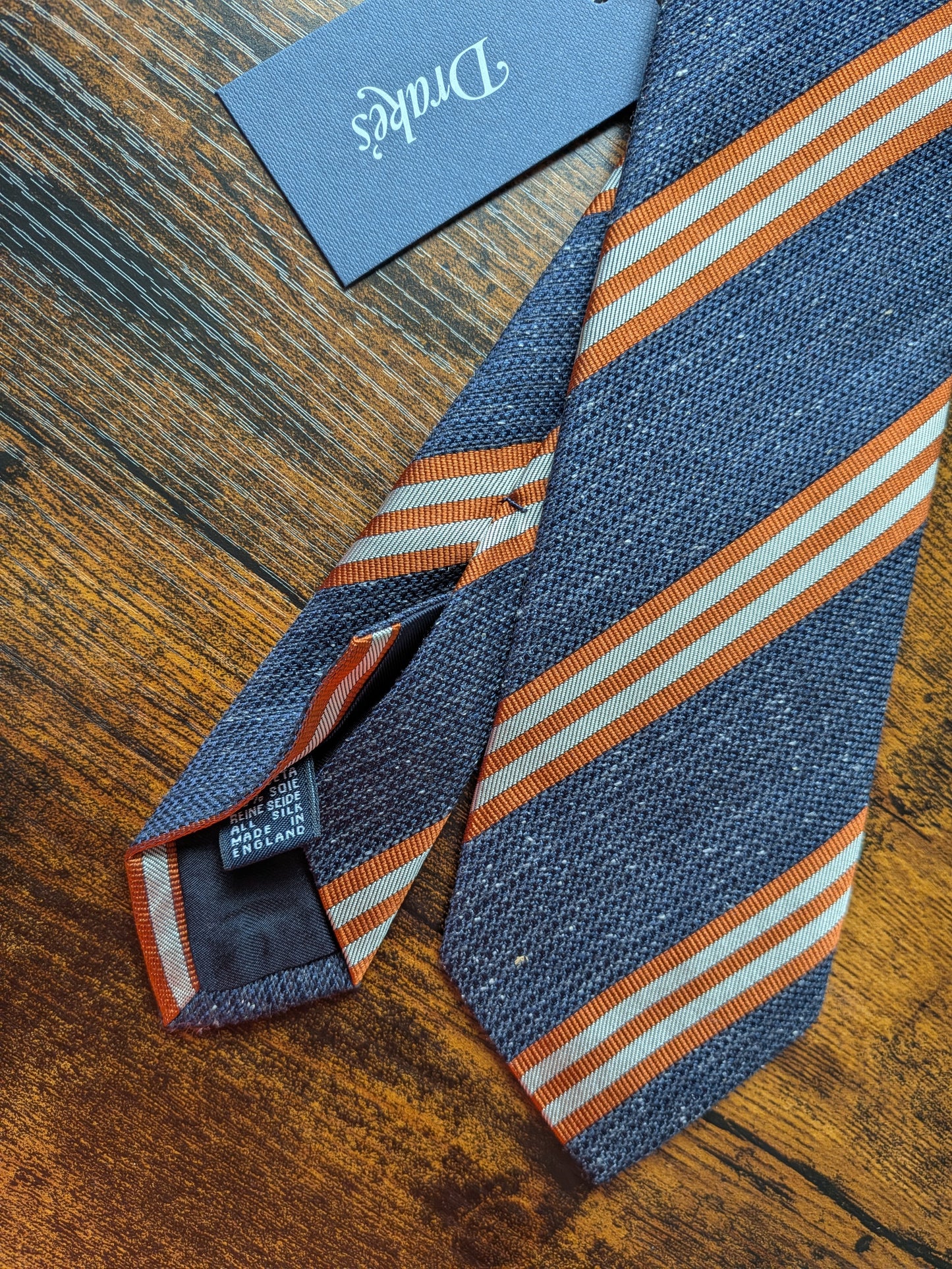 Drakes Blue Orange Ecru Handmade Striped Silk Tie With Tag