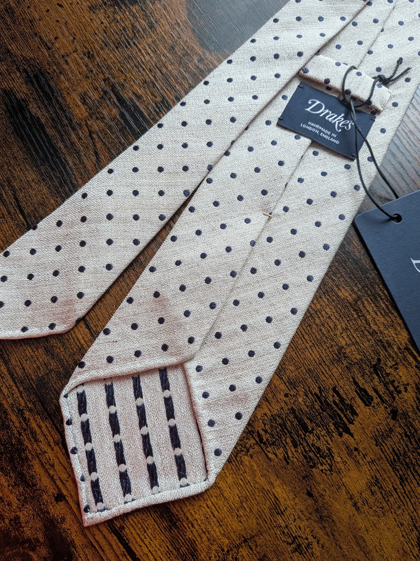 Drakes White Navy Handmade Polka Dot Hand-rolled Silk Tie With Tag